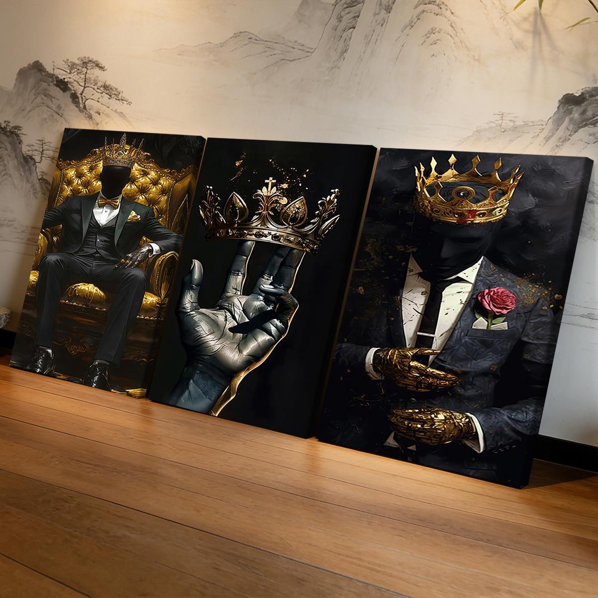 3 Counts Wooden Framed Canvas Painting, Golden Crown King Abstract Art Images, Exquisite Poster, Perfect Living Room Decoration, Modern Home Decor, Modern Art, Fashion Family Poster, Wall Art Decoration, Waterproof Art, Abstract Design
