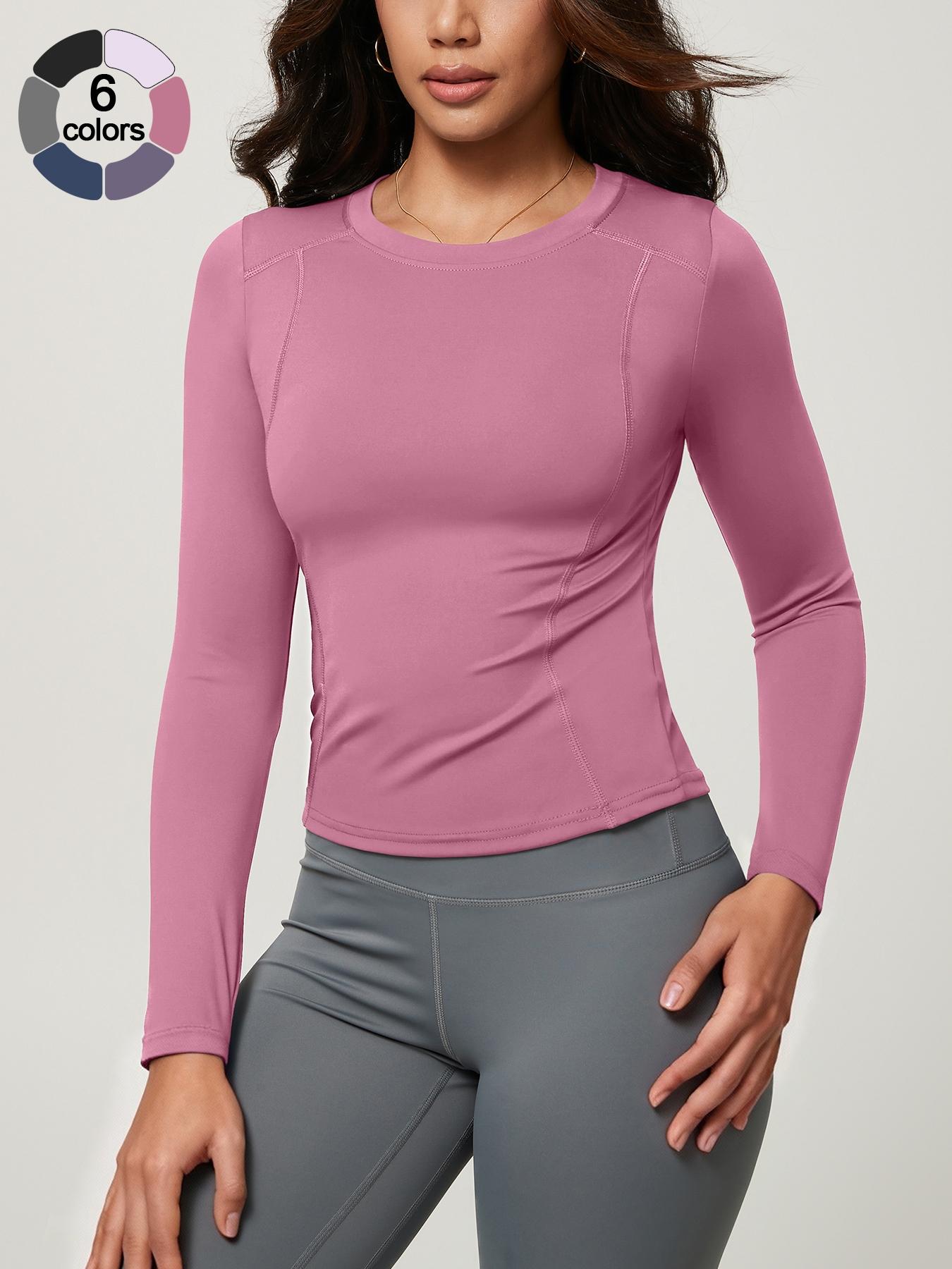 Women's Solid Color Long Sleeve Sport Top, Round Neck Thumb Hole Design, Comfortable Casual Yoga Gym Running Cycling Golf Tennis Wear, Fitness Running Tops