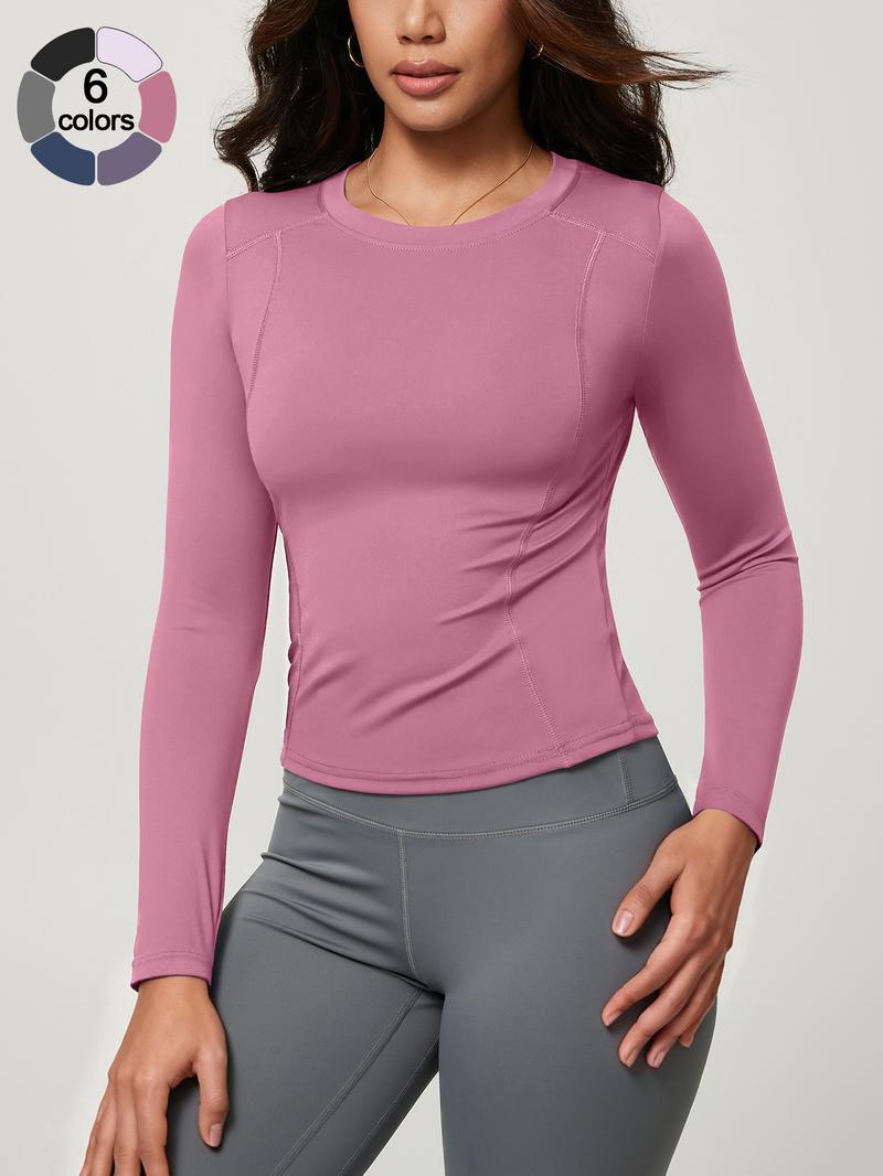 Women's Solid Color Long Sleeve Sport Top, Round Neck Thumb Hole Design, Comfortable Casual Yoga Gym Running Cycling Golf Tennis Wear, Fitness Running Tops