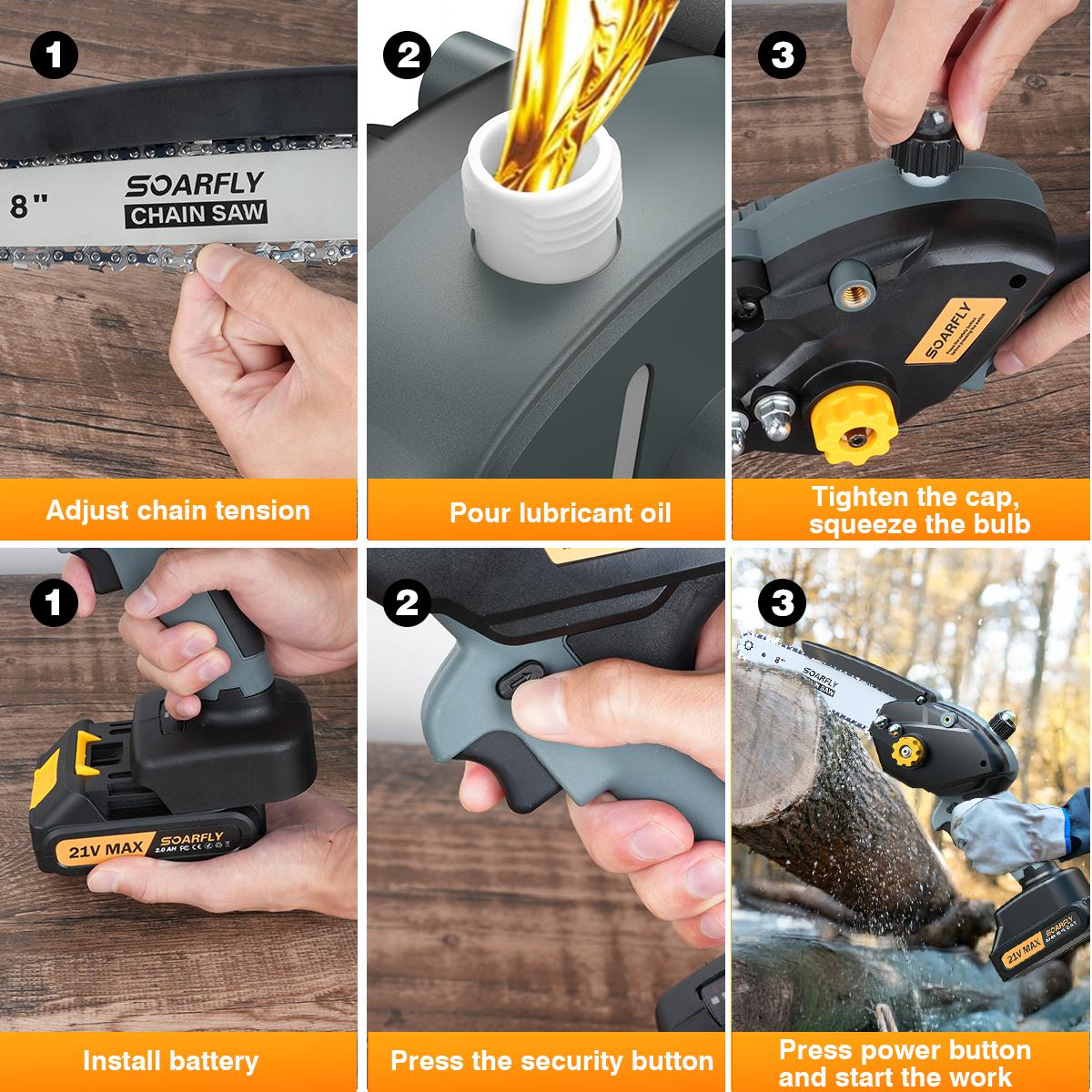 SOARFLY 8 inch Mini Chainsaw, Brushless Chainsaw With Auto Oiler, 2 × 2000mAh Batteries, For Tree, Wood, Lightweight Suitable For Men And Women