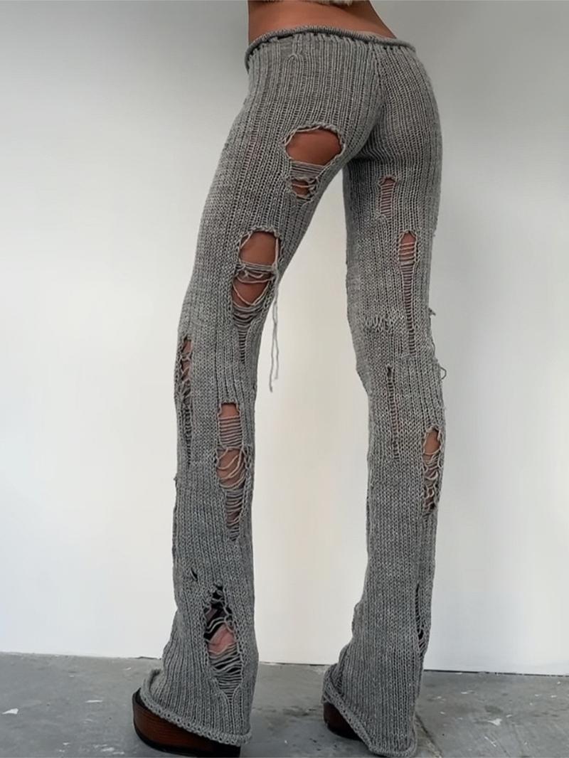 Women's Plain Slim-Fitting Ripped Knit Long Pants, Sexy Street Style Drop Waist Elastic Waist, Fashion Creative Hollow Out Design