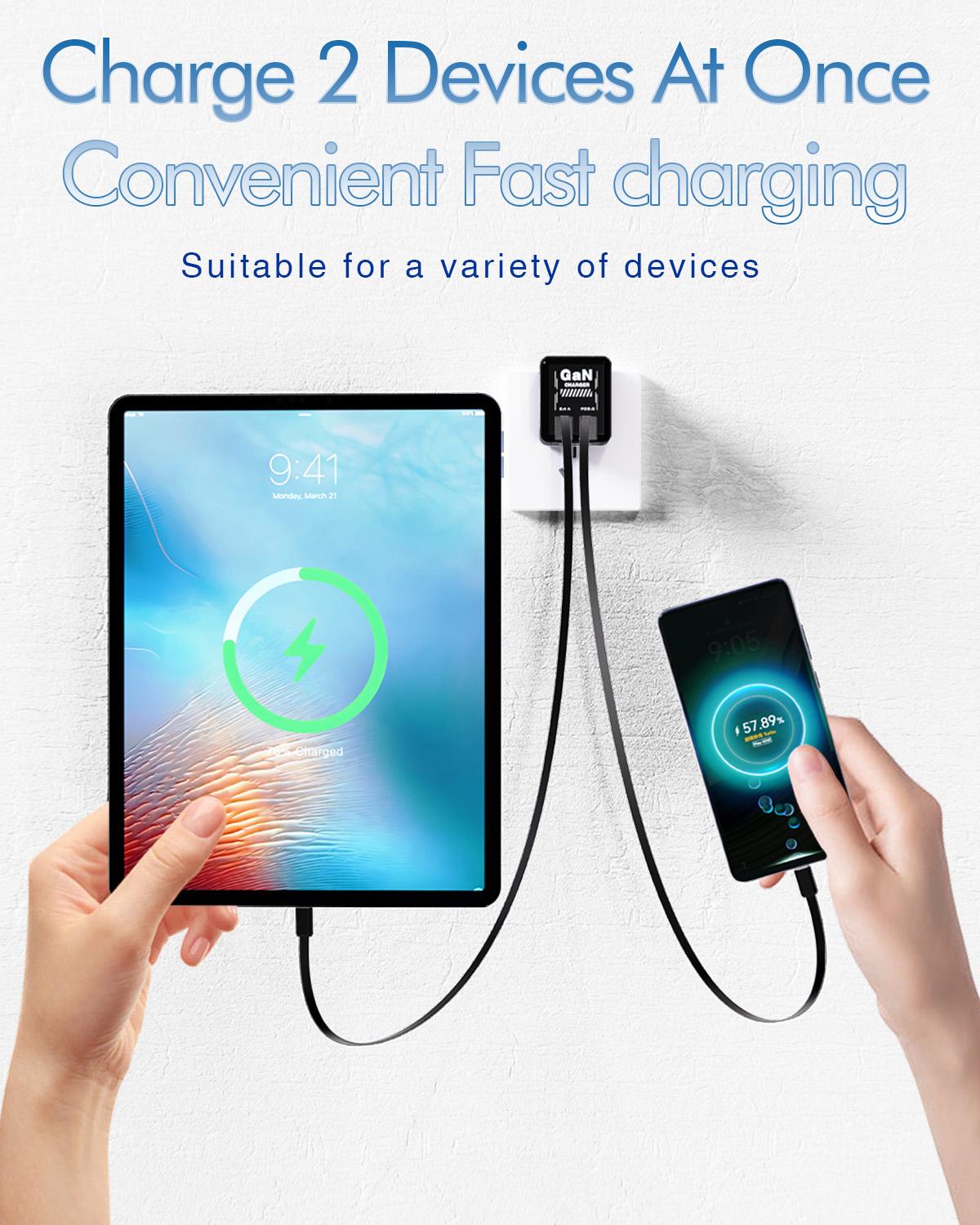 Gan Fast charger Retractable Charger Folding Charging 2-in-1 Cable (Type C/IOS) Fast Power Adapter Travel & Home Essential