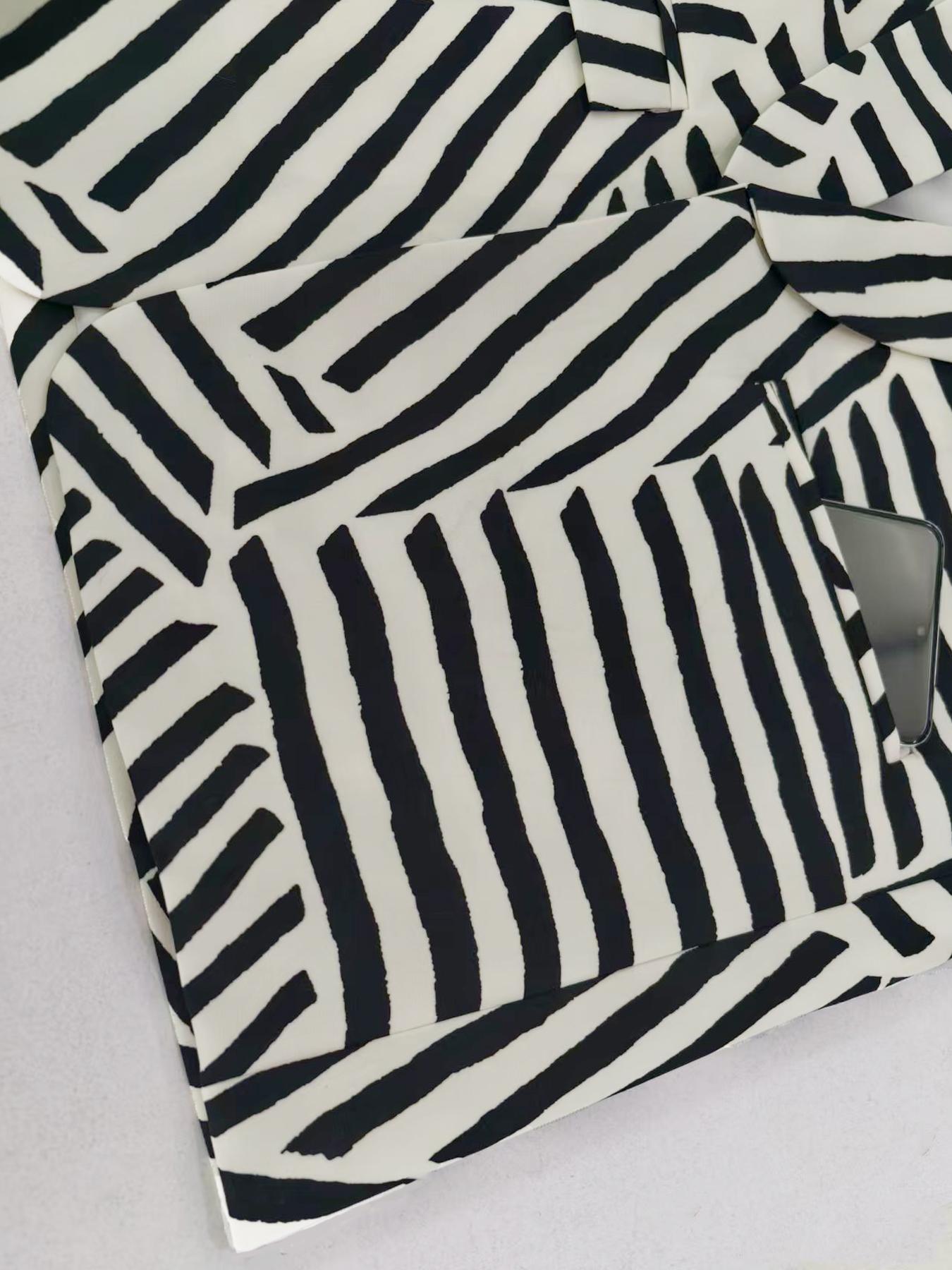 Women's Fashion Casual Jacket Blazer, Graphic Geometric Zebra Print, Loose Suit Style, Open Neck, Stacked Sleeves, Retro Modern Look