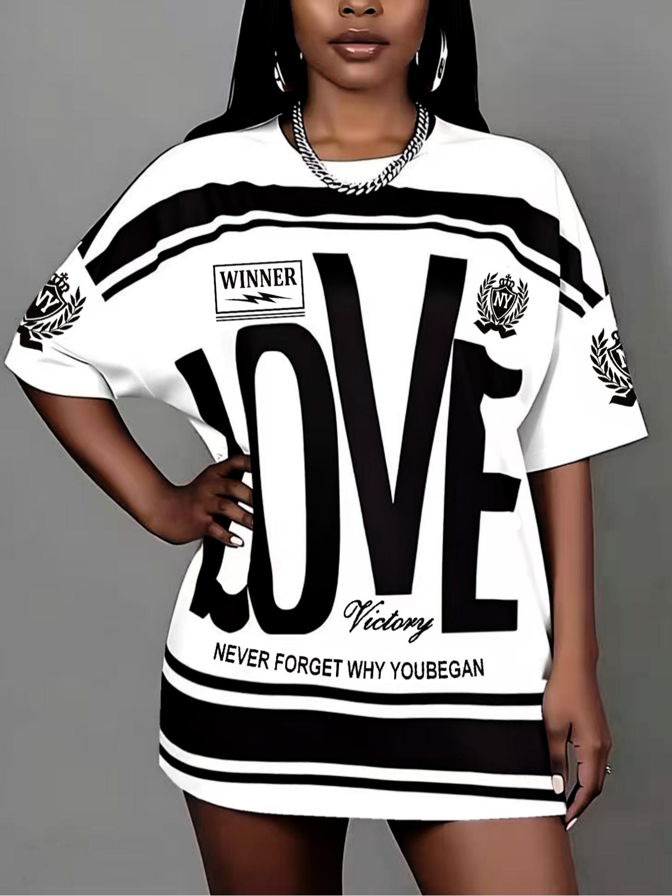 Plus Size Women's Street Style Colorblock Short Sleeve Top, Love Letter Print with Text and Striped Elements, Loose Fit, Comfortable Fabric