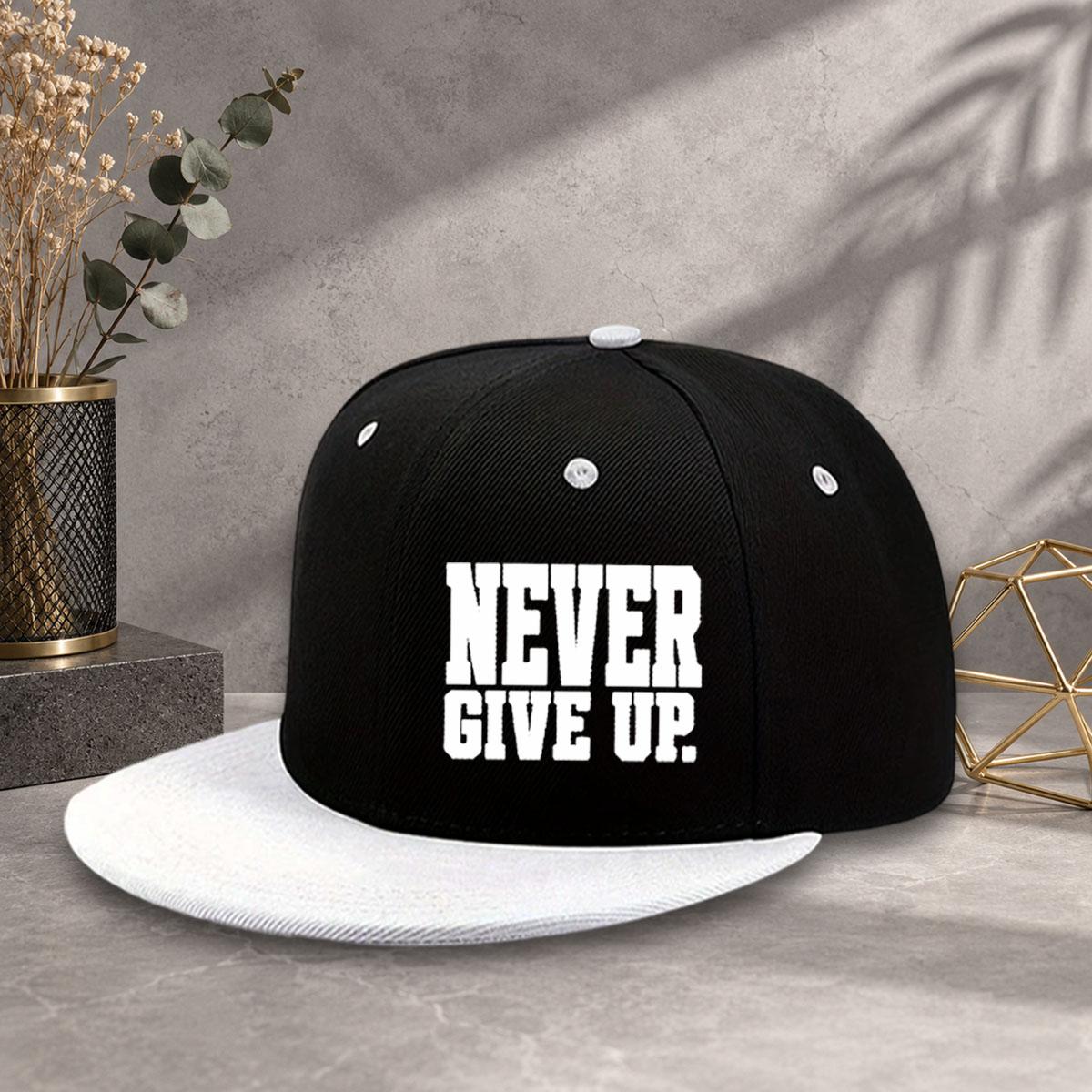 Unisex baseball cap with minimalist text "Never Give Up" printed flat brim design, multiple colors to choose from, adjustable size with code