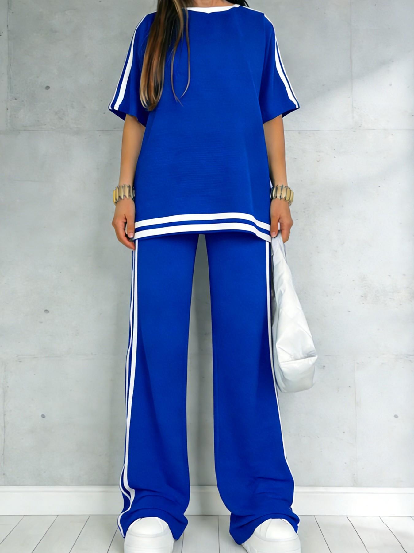 Women's Casual Athleisure Sportswear Set, Solid Color Round-Neck Short-Sleeve Split-Hem Top and Striped Long Pants, Spring/Summer Two-Piece Set Women's Casual Athleisure Sportswear Set, Solid Color Round-Neck Short-Sleeve Split-Hem Top and Striped Long Pants, Spring/Summer Two-Piece Set
