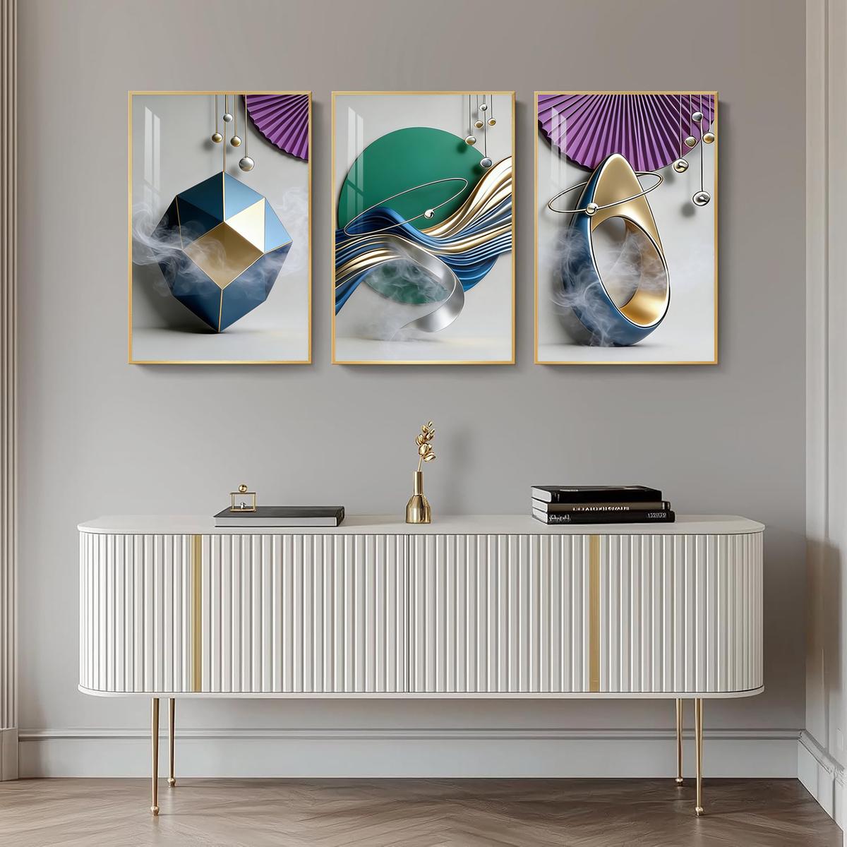 3 Counts Aluminum Alloy Framed Painting, Geometric Abstract Metallic Shapes And Smoke Art Pictures, Home Decoration For Living Room, Bedroom, Office, Restaurant, Hallway Wall Decor, Odorless Print Artwork, Luxury Perfect Gift For Friends And Family