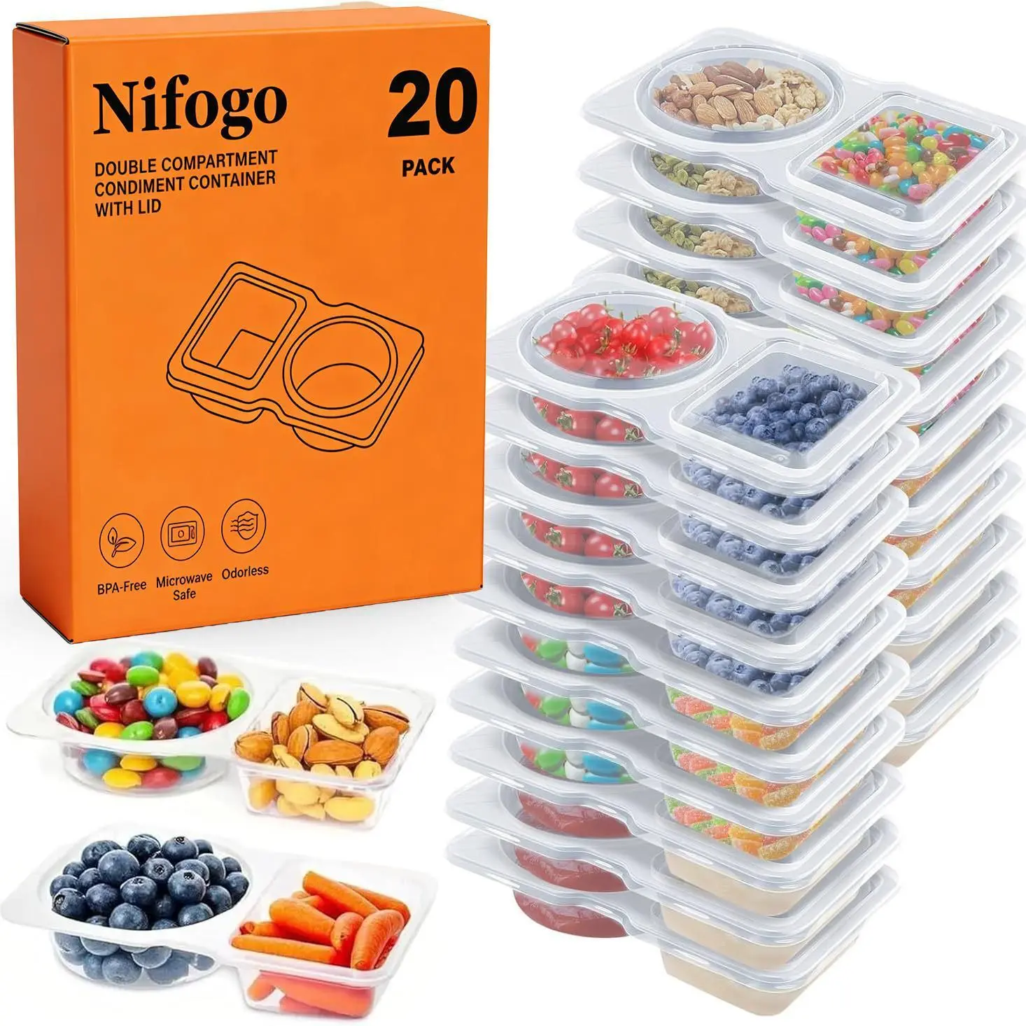 Sohochic 40-Pack Plastic Reusable 2-Compartment Rectangular Kitchen Food Storage Containers with Leak-Proof Lids, Mini Sauce Boxes, Plastic Storage Bins, Travel Containers for Kids, Ideal for Picnic & Home Use, Double Comp.