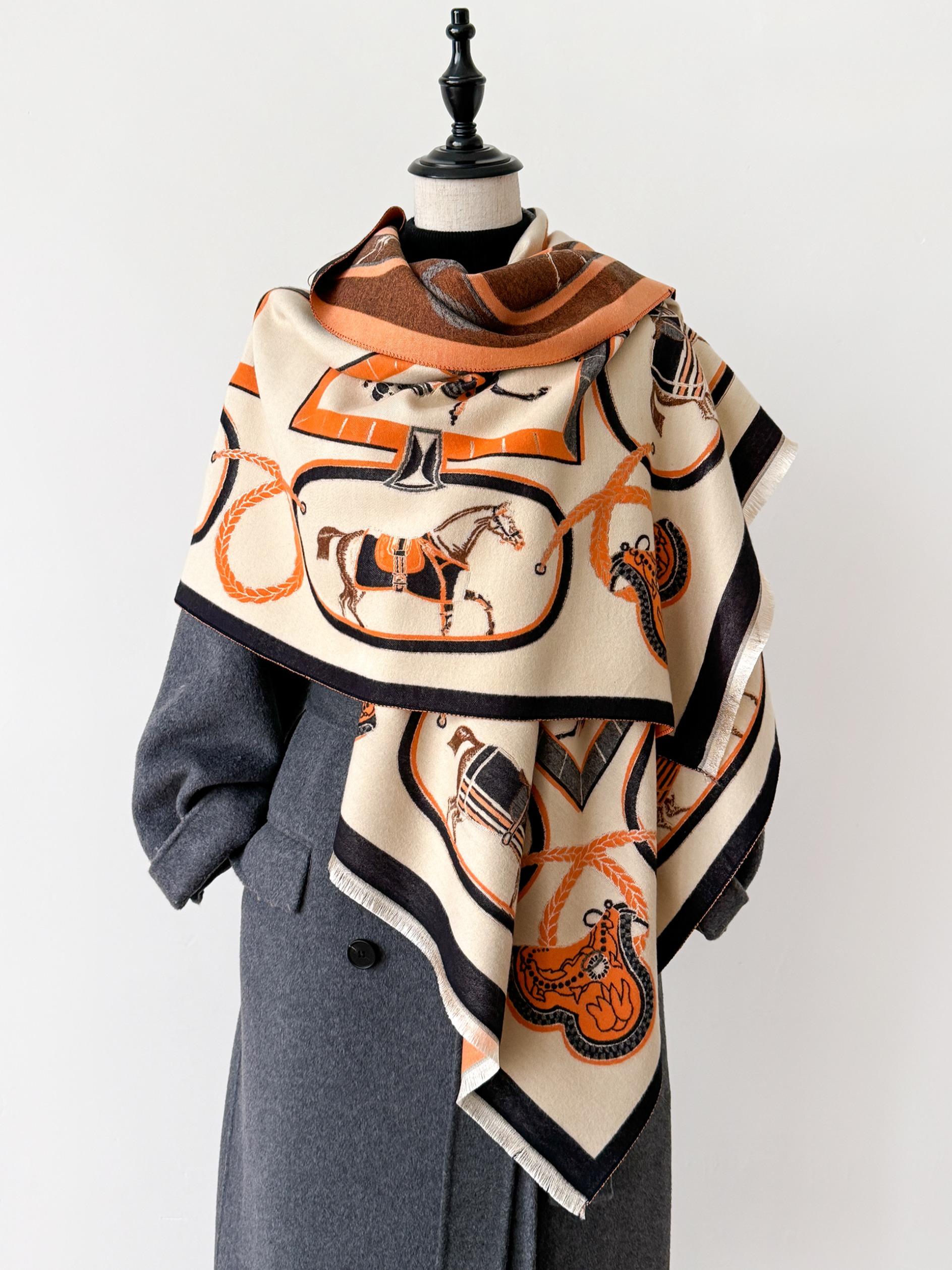 Boho-Style Horse-Pattern Scarf with Fringe-Trim, Casual Soft Warm Shawl for Fall and Winter, Fashion Accessory for Women & Girls