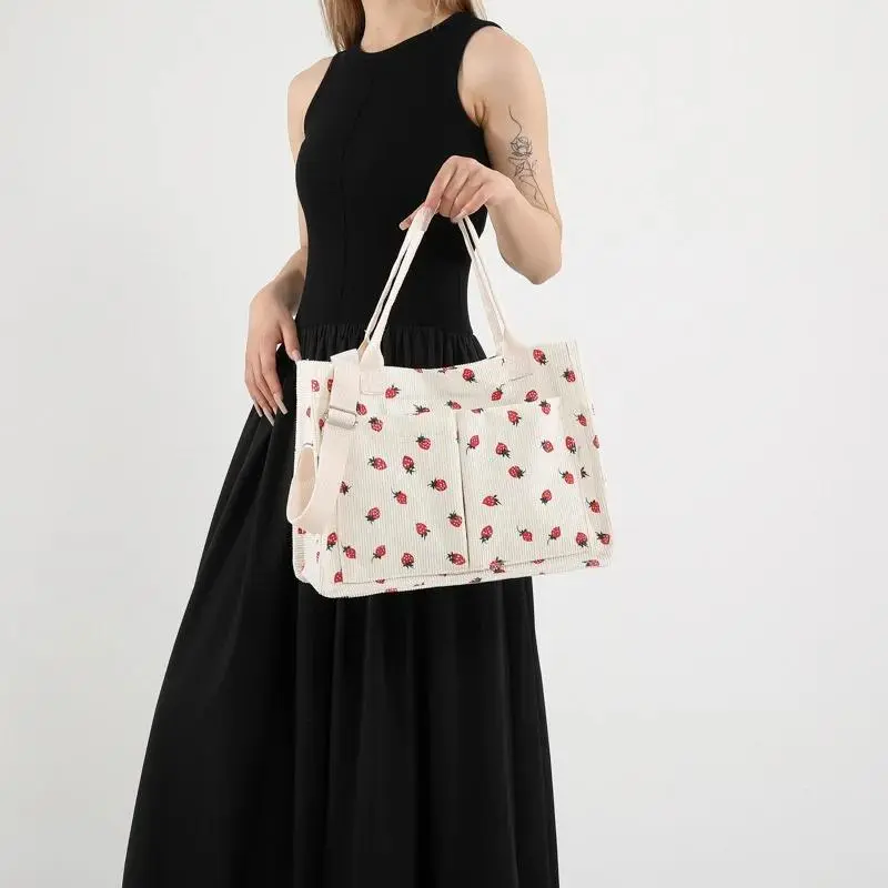 Cute Strawberry Canvas Tote Bag for Women, Aesthetic Fruit Patch Shoulder Purse with Adjustable Strap, Trendy Large Capacity Handbag with Durable Fabric Design, Casual Everyday Carry Bag for Shopping, School, Travel, Work & Summer Outfits