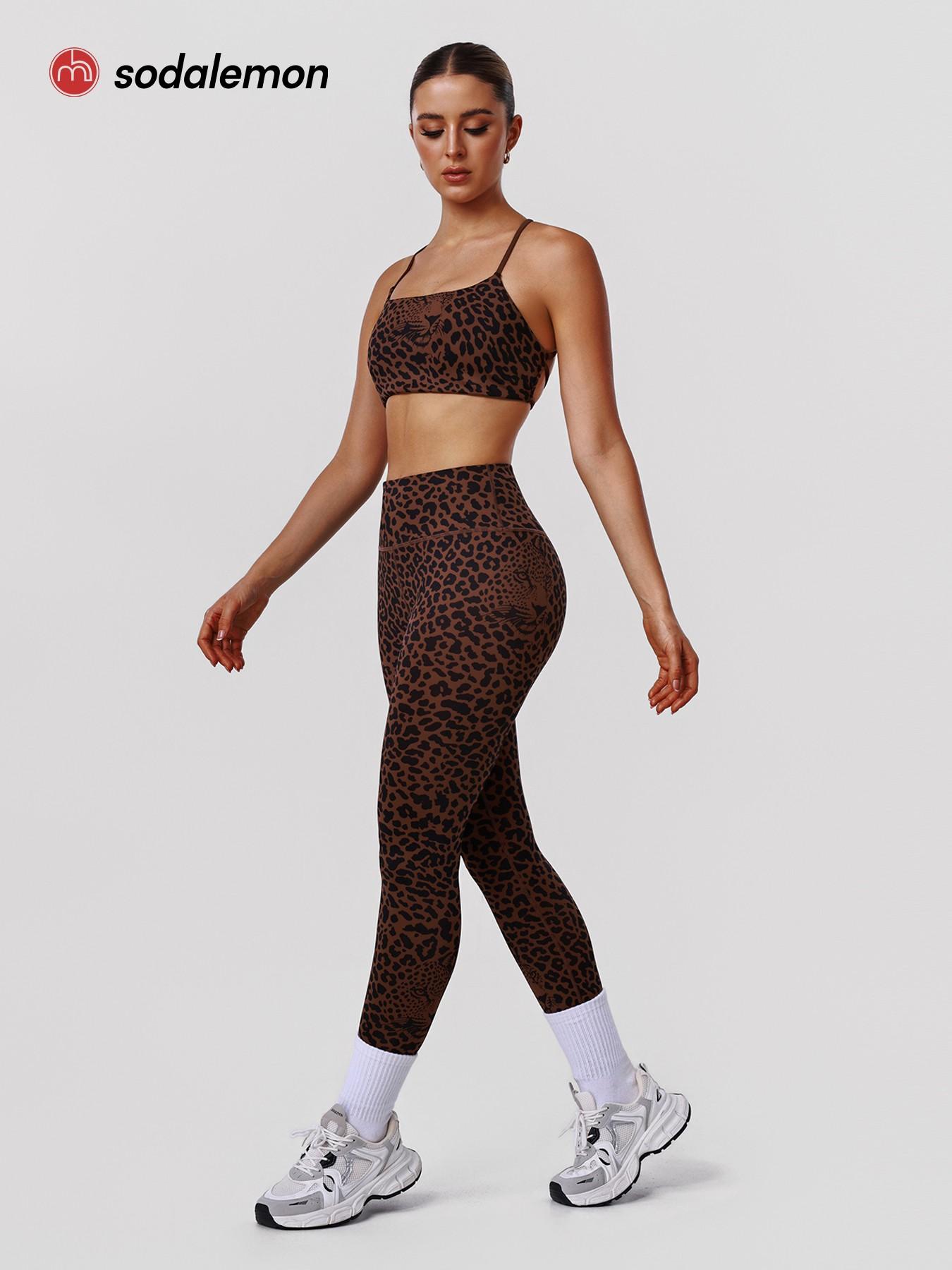 Women's Leopard Print Elastic Workout Set, Backless Sports Bra and Pants, Stylish Fitness Set for All Seasons, Backless Gym Clothes