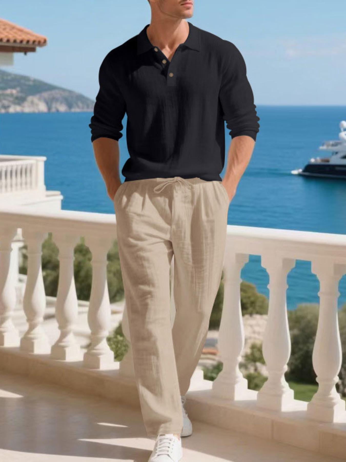 Men's Linen Shirt Set, Old Money Aesthetic Casual Elegant Comfortable Men's Clothing, Skin-Friendly Breathable Fabric for Beach Vacation Home Use