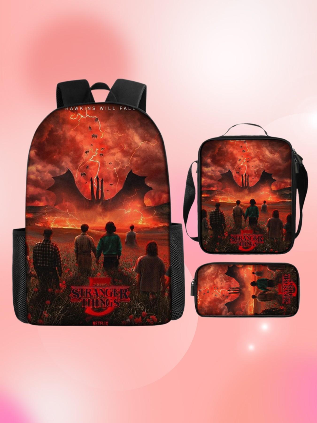 3pcs Stranger Things Season 5 Backpack Set, Hawkins Will Fall Print School Bag, Lunch Bag, Pencil Case, Netflix Series Daypack for Teens