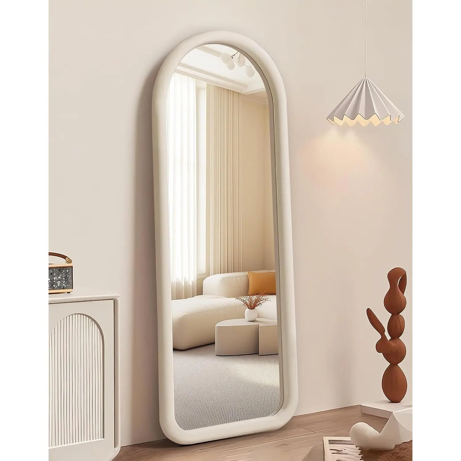 Cream White Arched Full-Length Mirror - Free-Standing Floor Frame Mirror with Safety Design, Float Effect, Sharp Reflection, Easy Installation for Leaning or Wall Mounting, Bedroom & Living Room Decor, Modern
