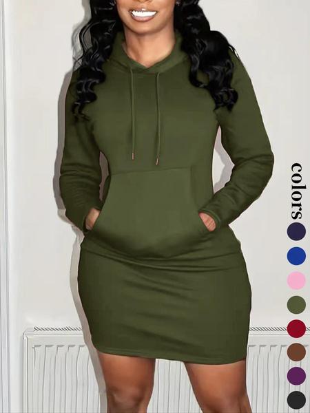 Women's Solid Drawstring Hooded Sweatshirt Dress, Casual Long Sleeve Pocket Dress for Fall & Winter, Ladies Clothes for Daily Wear, Womenswear