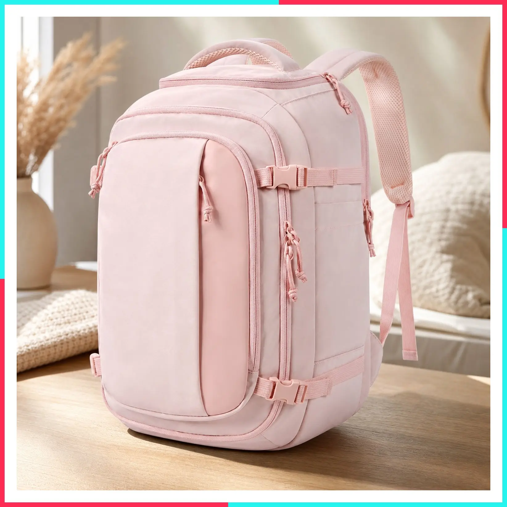 28L Travel Backpack, Water-Resistant, USB Port, 17.3" Laptop, Pink