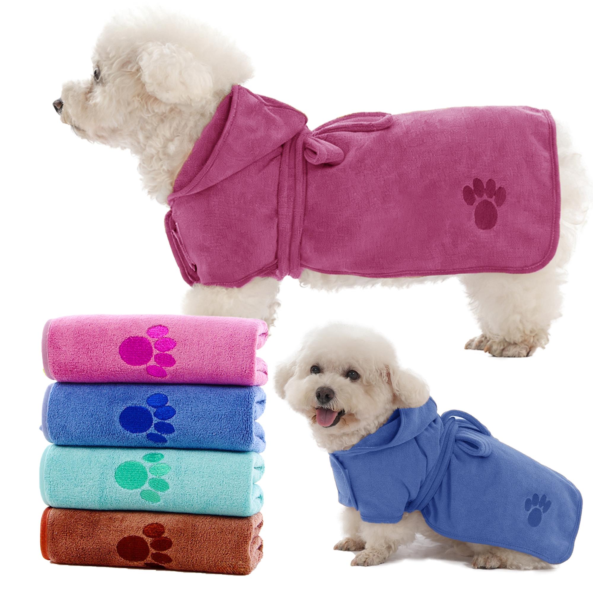 Pet Embroidered Paws Hat Bathrobe, Nylon 20% Polyester 80%, Velcro & Tie Design, Universal Absorbent Clothes for Small Medium Large Poodle Dogs Cats