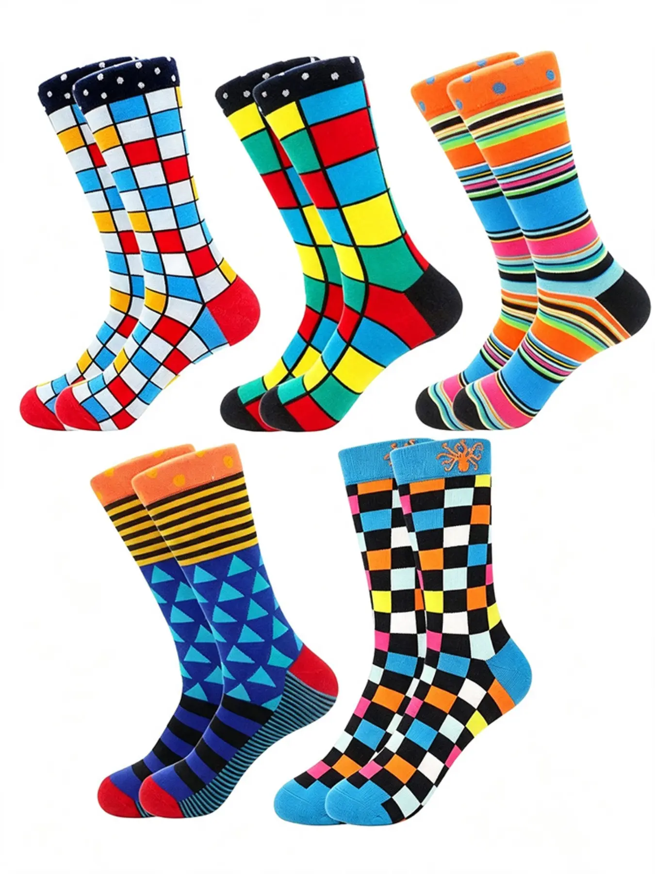 5 Pairs Men's Colorful Geometric Pattern Crew Socks, Fun Plaid Striped Creative Socks, All Seasons Casual Calf High Socks