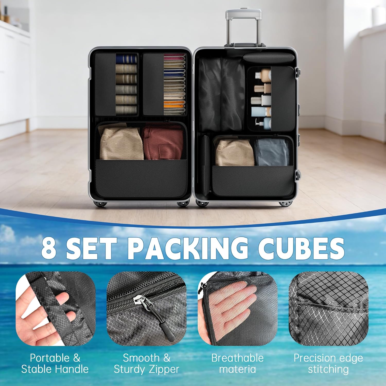 Synthetic Lightweight Multi-Size Travel Packing Cubes Set (8-Piece) - Home Organizer Storage Bags for Luggage Accessories