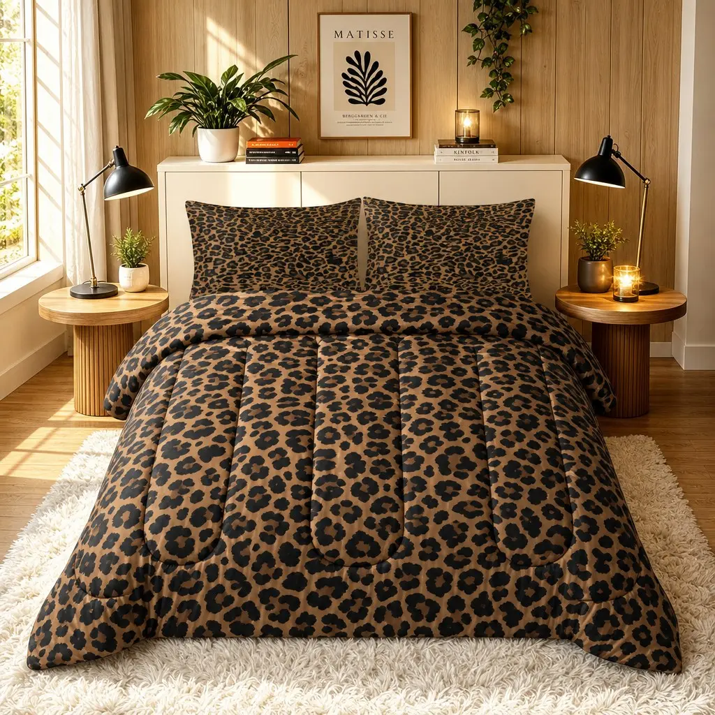 3-Piece Leopard Print Quilt Set, Durable Polyester Bedspread with Elegant U-Shaped Stitching, Soft All-Season Bedding for Guest Rooms