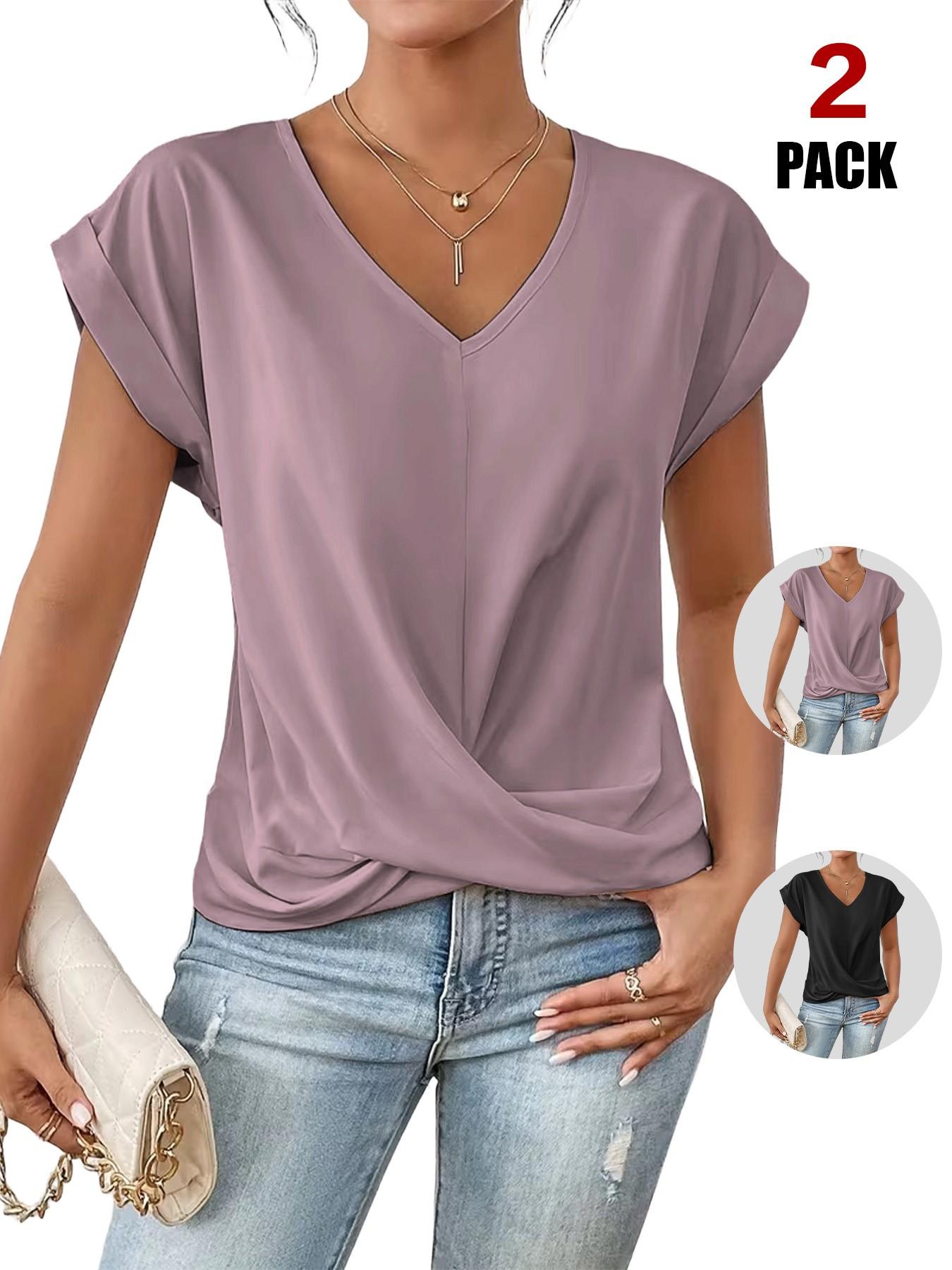2026 Women's V Neck Twist Front Blouse, Sexy Ruched Waist, Short Sleeve, Casual Top, Tummy Control, Leg-Lengthening, Office Shirt