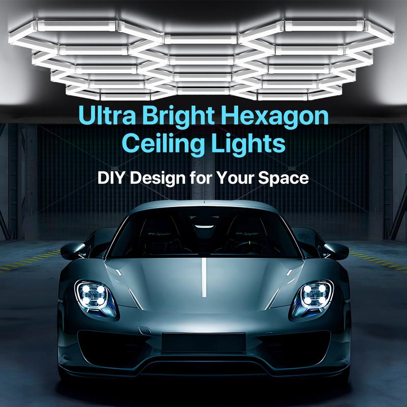 LUMENFOX 2025 New DIY Plug-In Hexagonal Ceiling Lights, Honeycomb Ceiling Lights, Light Efficiency 110LM/W, Hexagonal Garage Lights are suitable for garages, supermarkets, shopping malls, car shows and basements, Lighting，Jumpstart newyear