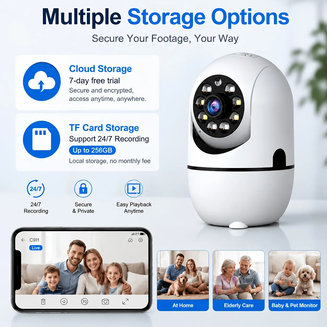 2MP Smart  Camera, WiFi Pan-Tilt Security Camera with Human Detection & Auto Motion Tracking, Wired, 2-Way Audio, Full Color Night Vision, Dual-Band WiFi6, Cloud/TF Storage Up to 256G, Built-in Hotspot, White