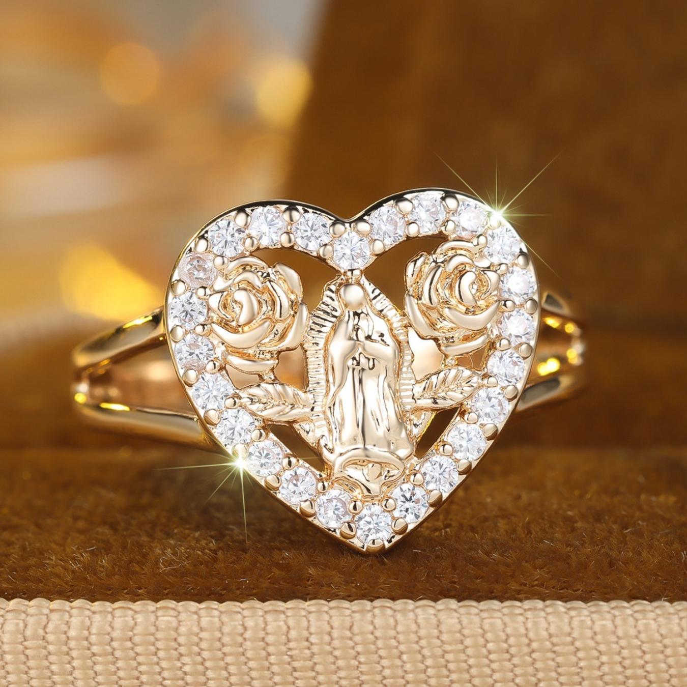 Heart-Shaped Imitation Diamond Ring, Open Adjustable Ring Prayer Christian Jewelry Men And Women, good gloss,smooth surface and comfortable to wear, Fashionable & Elegant, gift for Mother's Day, birthdays, Valentine's Day, anniversaries, Golden