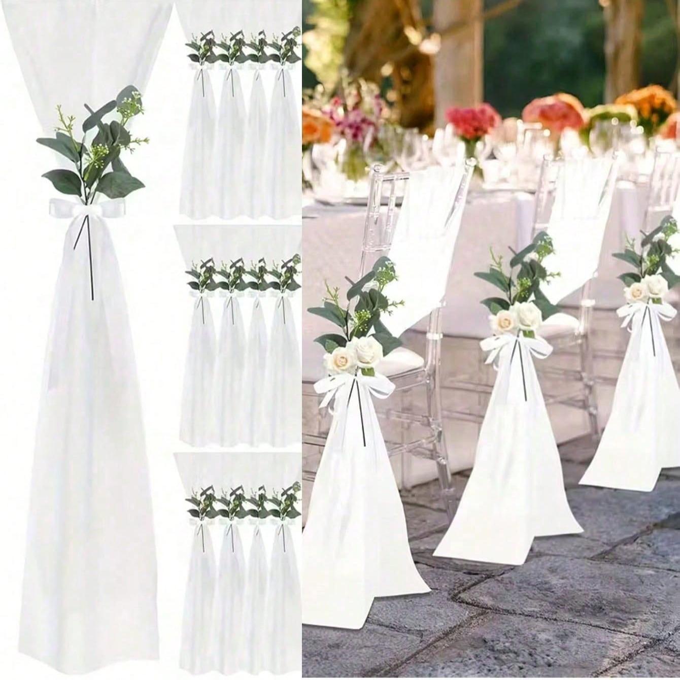 Wedding Chair Ribbon Set with Realistic Flower Decorations, Includes Chiffon Ribbons and Eucalyptus Leaves, Perfect for Church Pews and Bridal Walkway