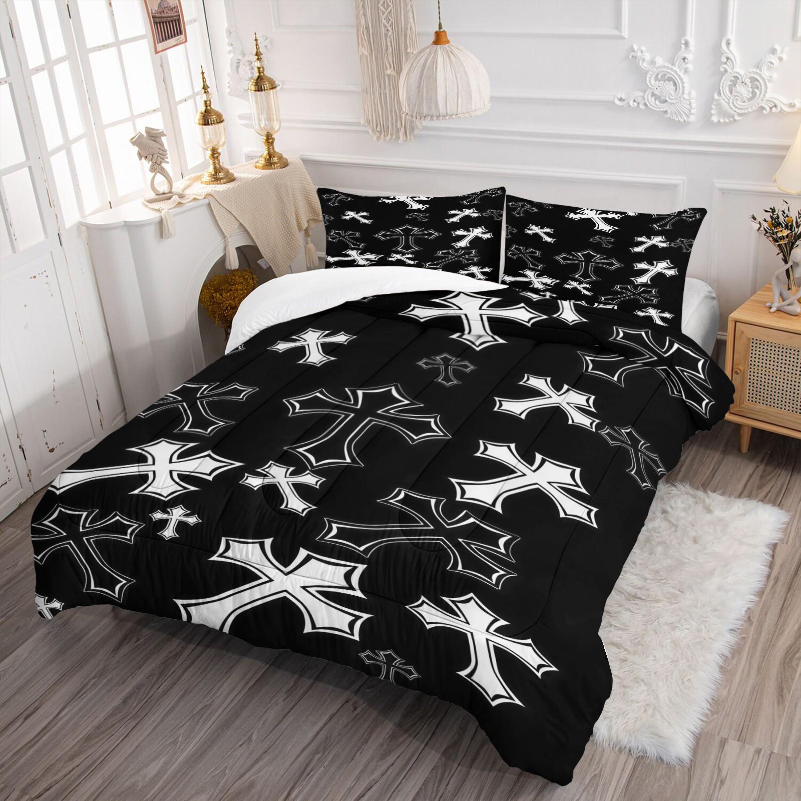 Gothic Cross Pattern Comforter Set, Soft And Durable Bedding Set, Including 1 Comforter And 1 Or 2 Pillowcases, Suitable For Daily Holiday Birthday Gifts And Bedroom Decorations For Children And Adults