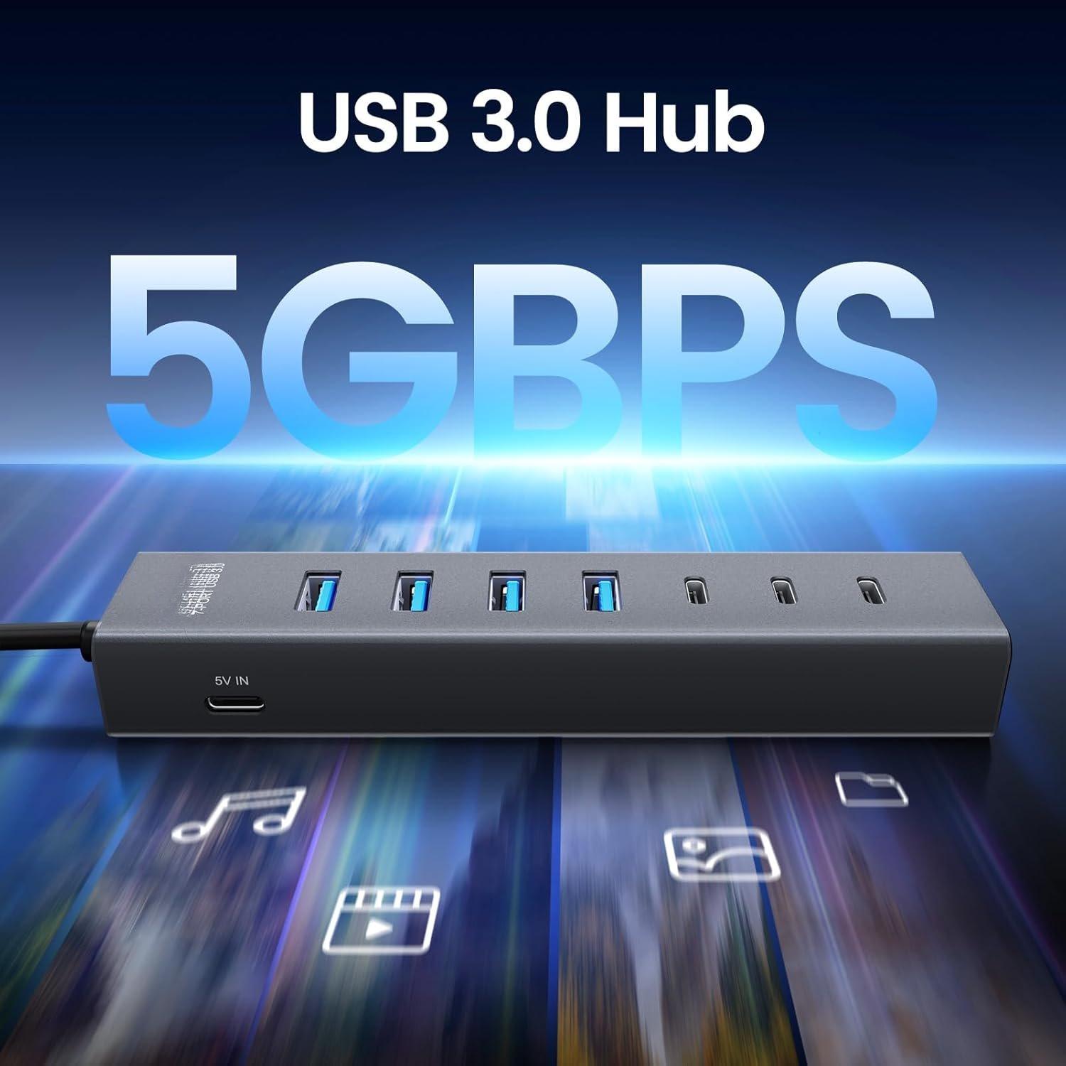 USB C to USB Hub Multiport Adapter, Aluminium 7-Port USB C Hub Multiport Adapter, USB Extenders, USB c Splitter for Thunderbolt, MacBook Pro/Air, Laptop, iPad, iMac, U Flash, PSSD, Keyboard,
