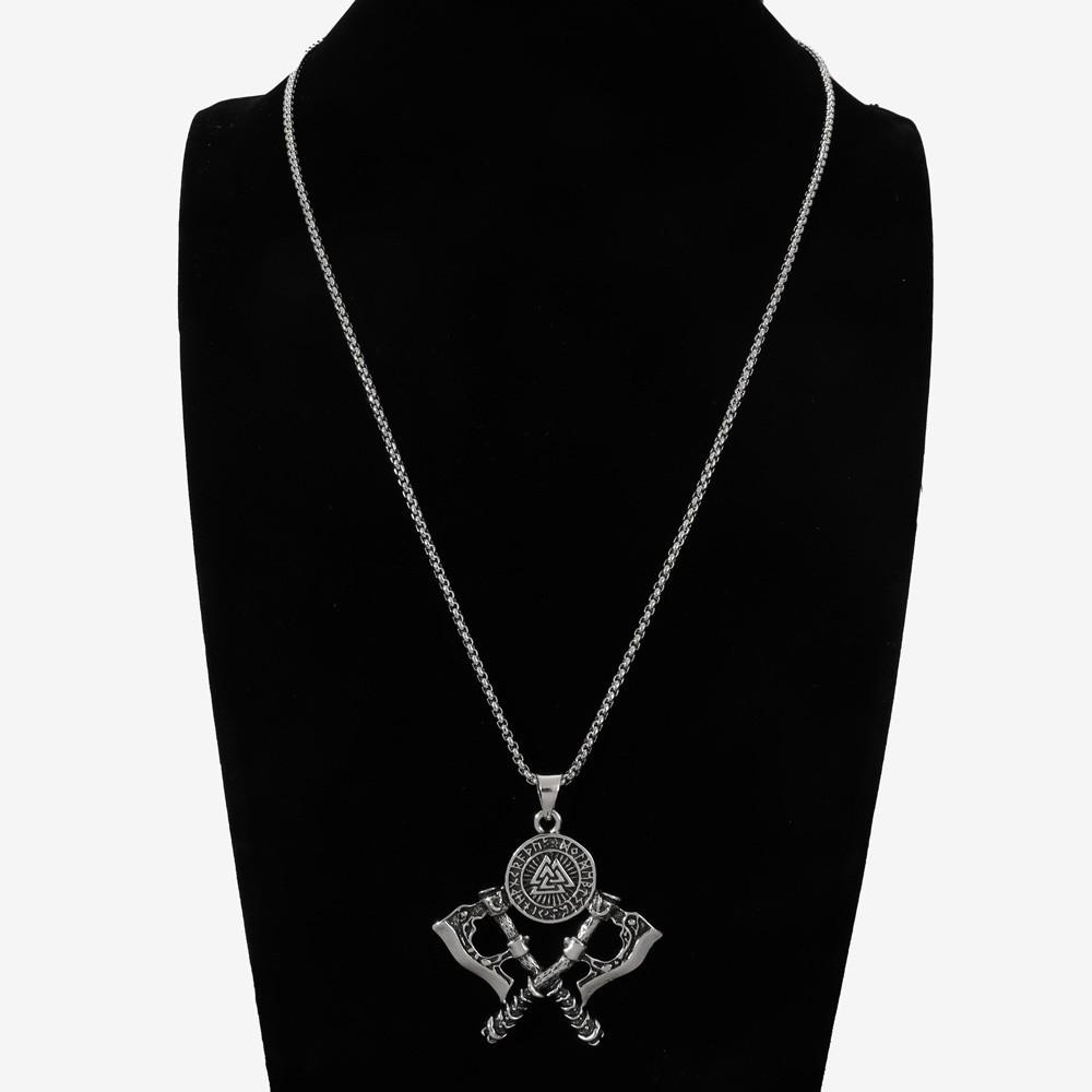 Norse Viking Axe Pendant Necklace, Valknut Symbol Runes Engraved, Stainless Steel Double Axes Necklace for Men, Vintage Warrior Jewelry
