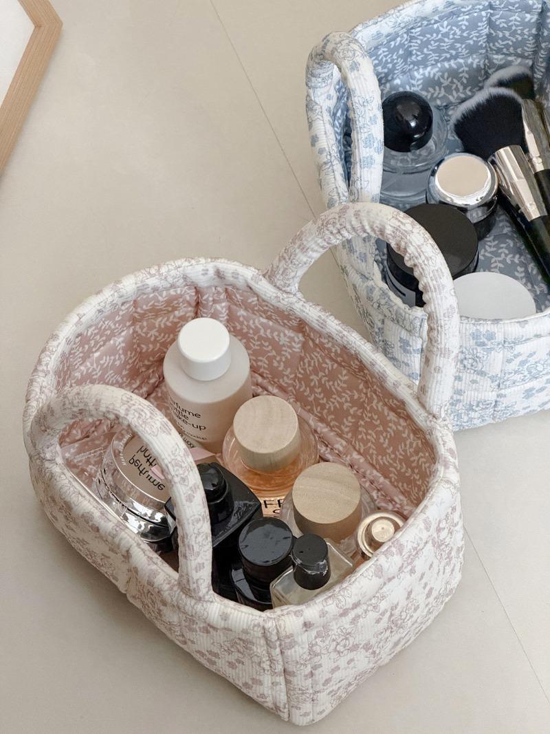 Flannel Peony Storage Basket, Floral Quilted Handheld Organizer, Desktop Living Room Bedroom Sorter, Cosmetic Bags