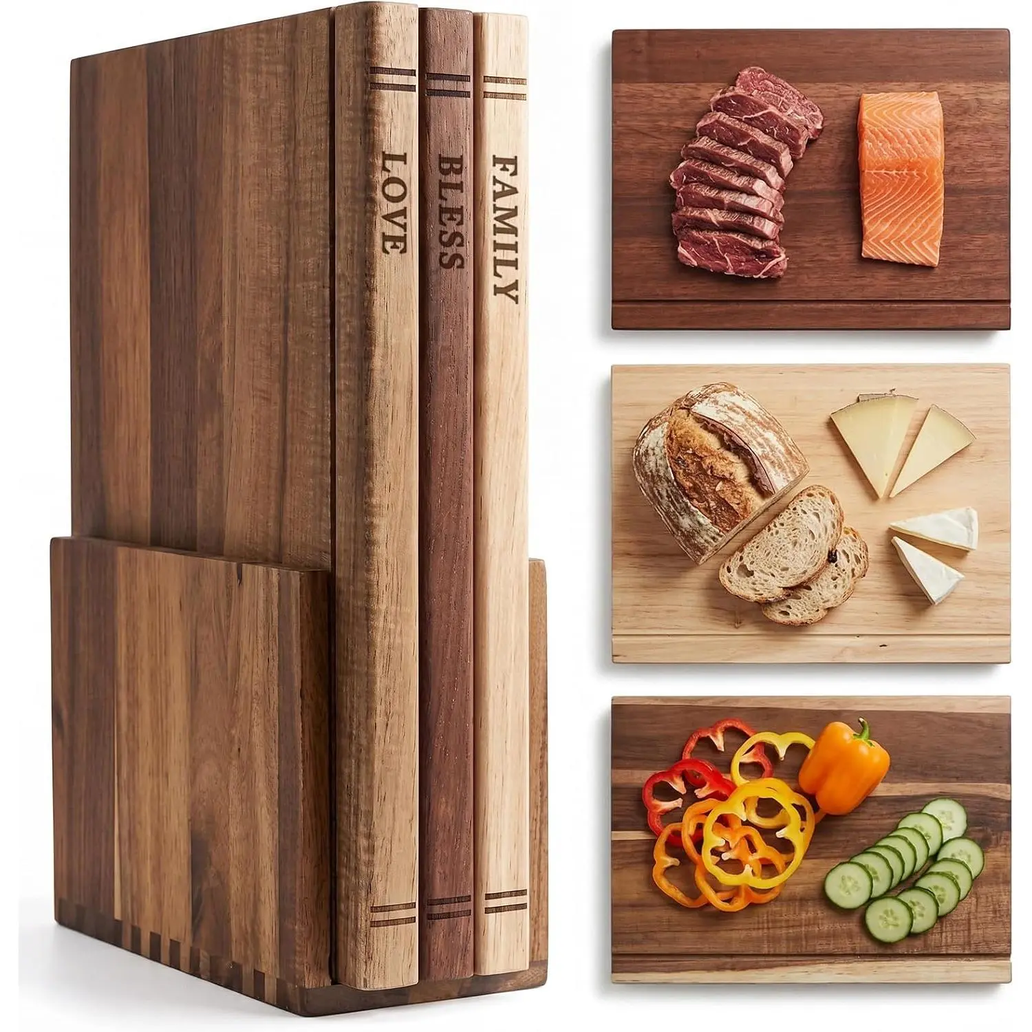 3 Pcs Book Charcuterie Board Gift Set - Sapele Oak Acacia Wood Serving Board Library with Stand for Hosting, Wedding Housewarming, Bridal Shower, Book Lover Kitchen Decor Shaped Like Books