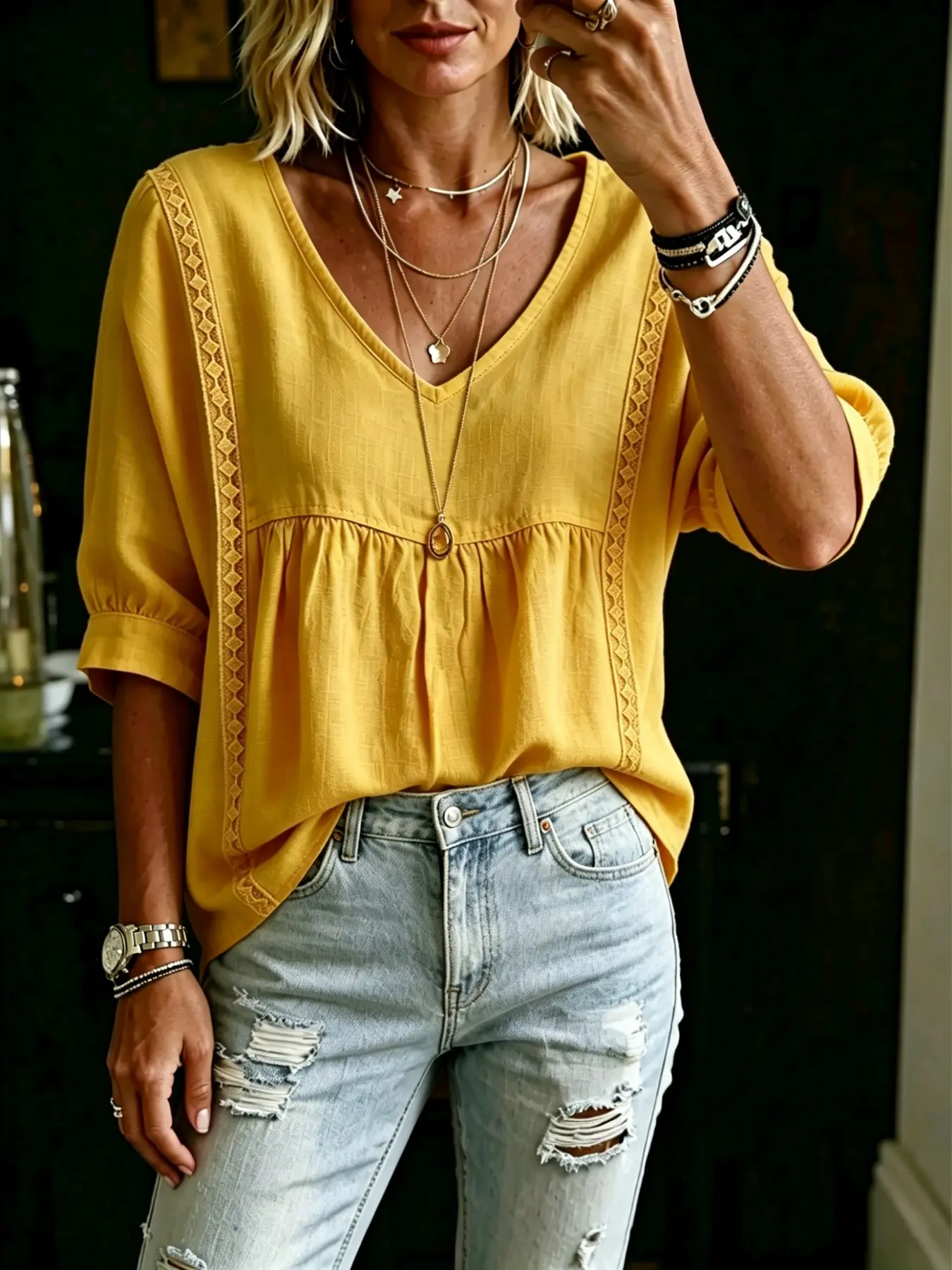 Chic Lightweight Floral Print 5/8 Sleeve Blouse, V-Neck Women's Shirt, Perfect for Casual & Office Looks, Stylish and Comfortable Top