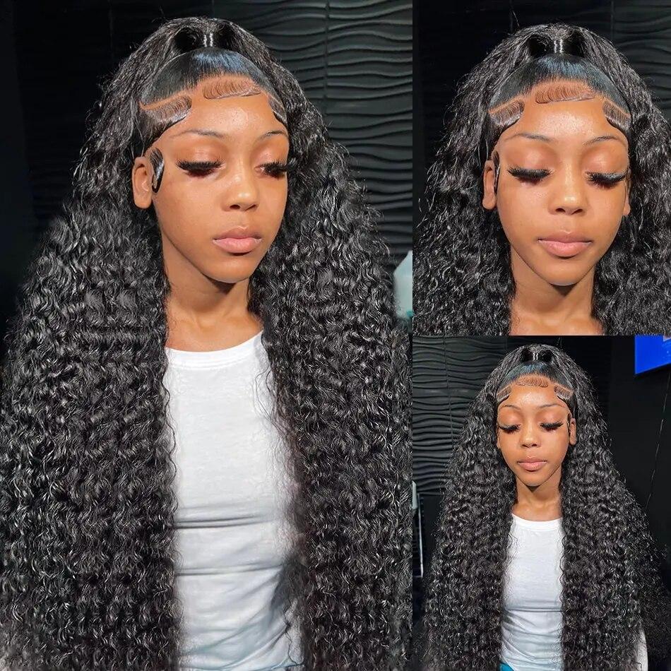Bling hair 13x4 Deep Wave Lace Front Wigs Human Hair Pre Pluck Transparent For Black Women 180% Density Curly Wigs with Baby Hair Natural Color 28inch