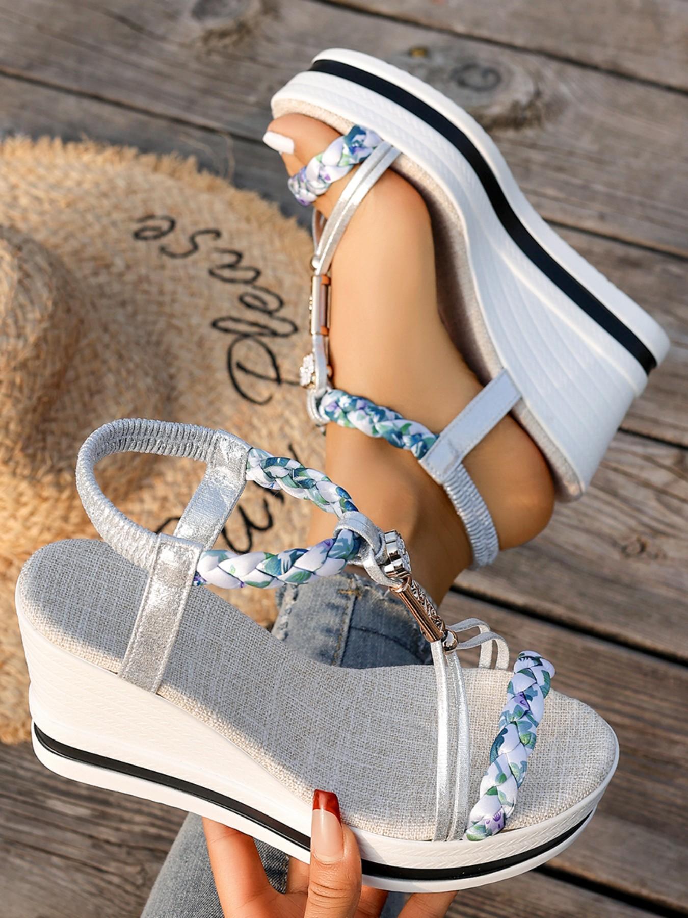 New Beaded Ethnic Style Braided Thick Sole Women's Open-Toe Waterproof Platform Wedge Shoes, Outdoor Party Versatile Footwear