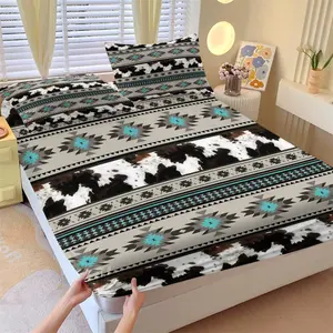 3Pcs Western Aztec Cow Print Fitted Sheet Set with 2 Pillowcases, Southwestern Turquoise Geometric Deep Pocket Elastic Mattress Cover, Boho Cowhide Tribal Bedding, Soft Microfiber Non-slip Bedspread for Bedroom Decor