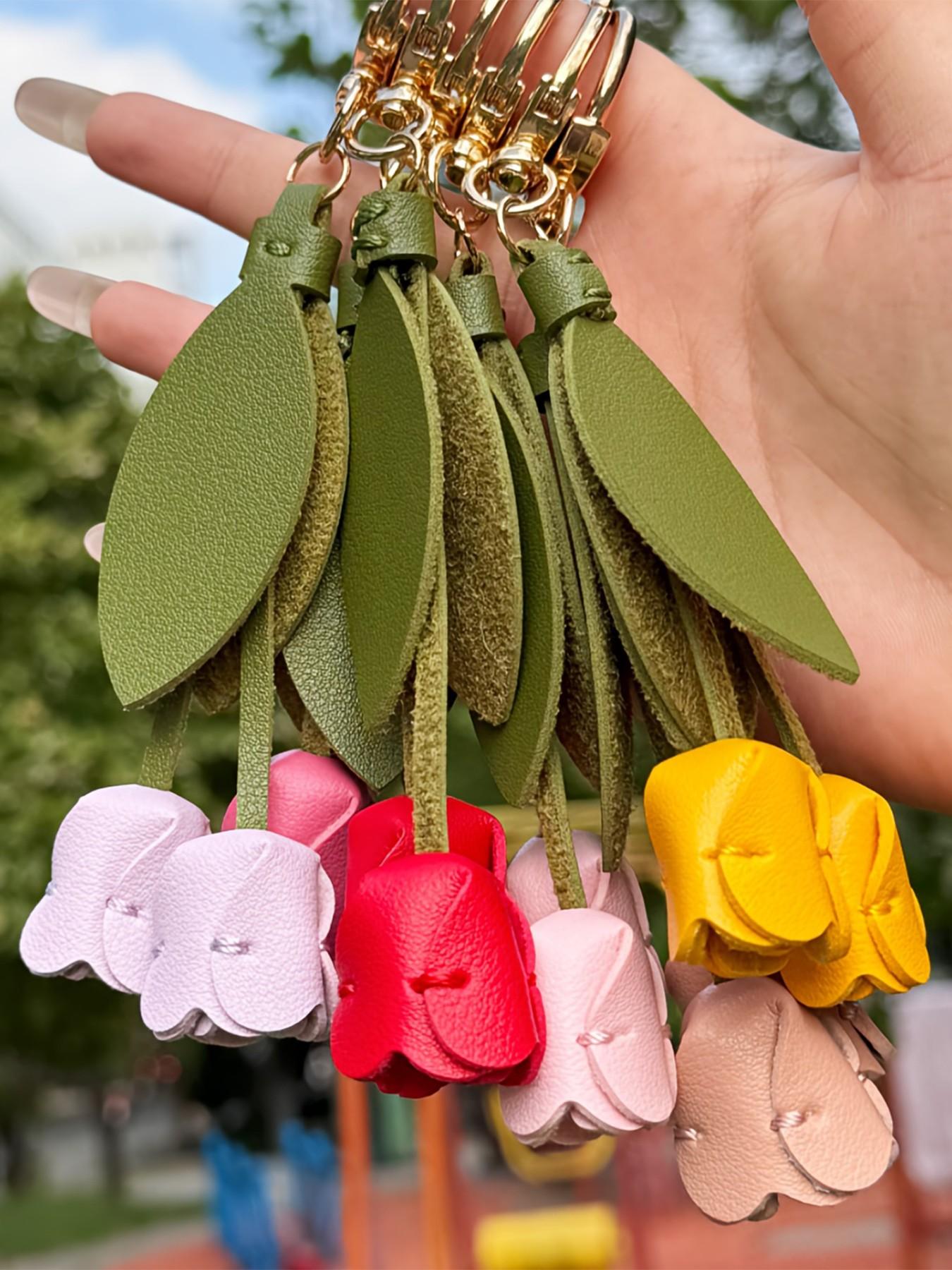 Sweet Creative Cute Colorful PU Leather Flower Tulip Keychain, Women's Key Ring, Bag Accessory, Holiday Gift, All Seasons