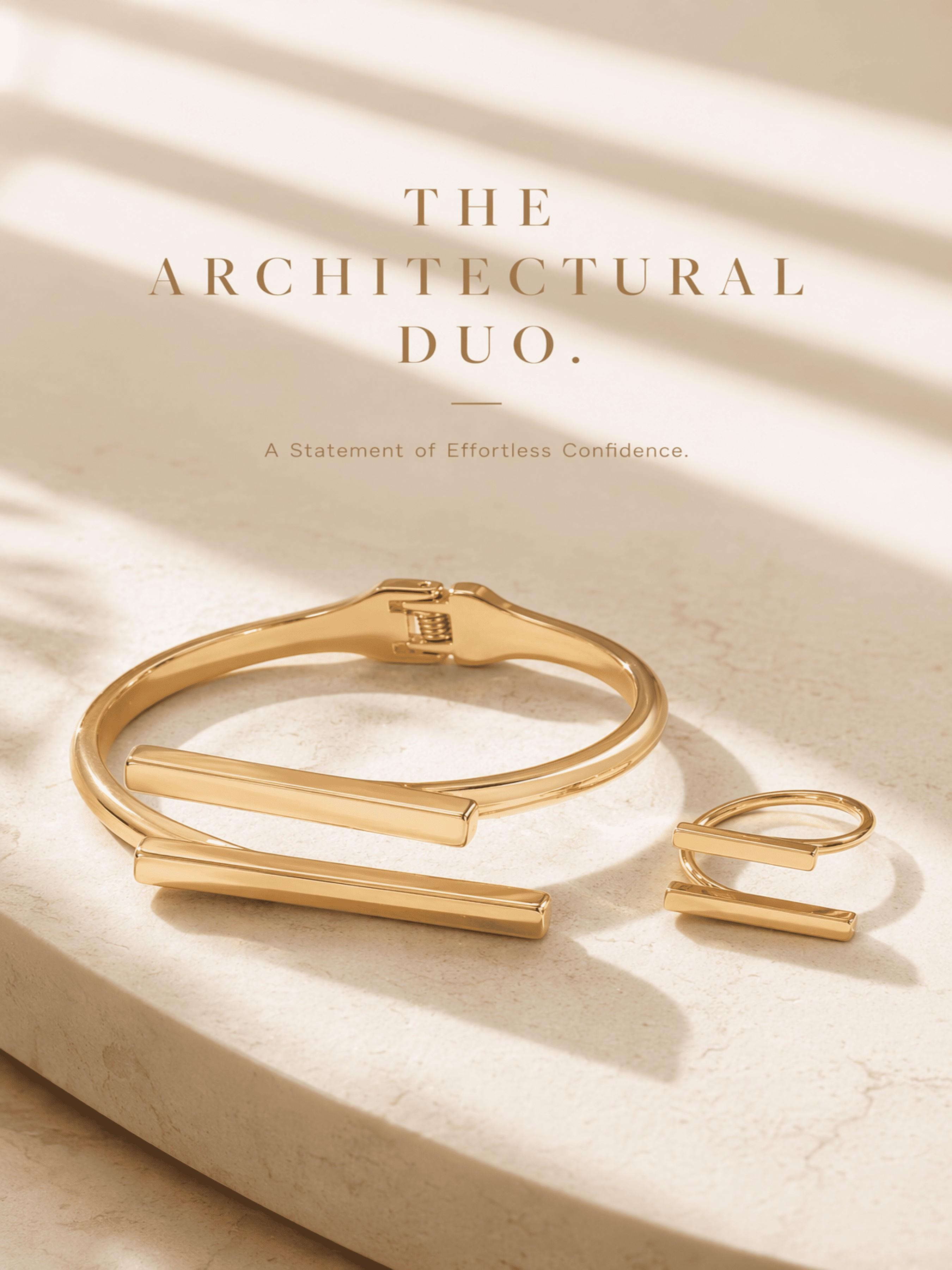 Minimalist Geometric Linear Gold-Plated Bracelet & Ring Set, Luxe Versatile Jewelry for Daily Commute & Date Nights