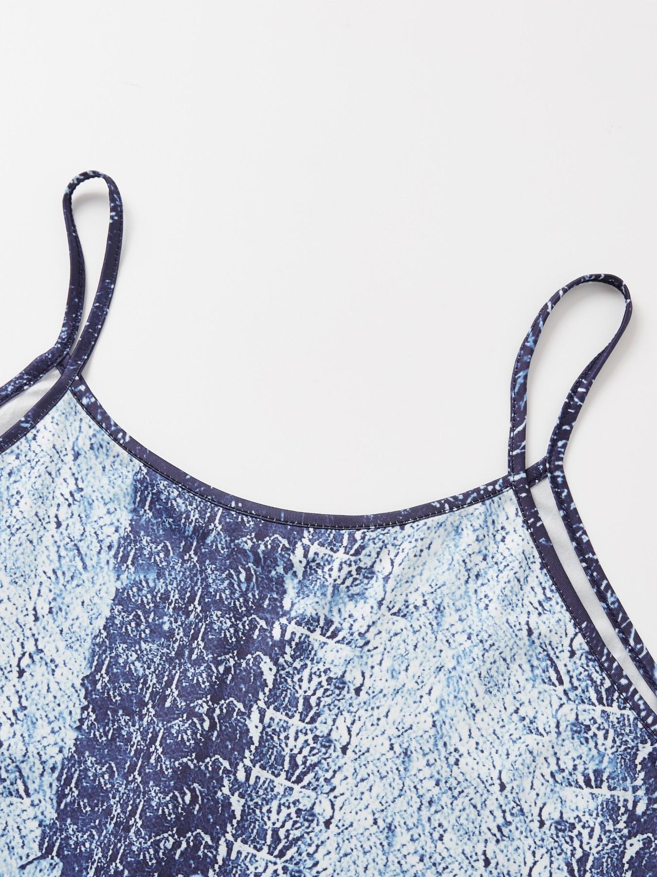 Plus Size Women's Denim Print Fitted Midi Dress, Thin Straps Sexy Summer Street Style, Fashionable Comfortable Design