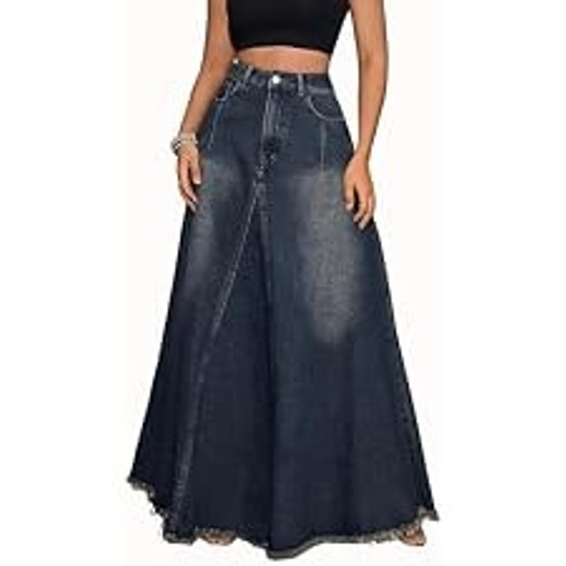 ebossy Women's Retro Distressed High-Waist Frayed-Hem Flared A-Line Patchwork Maxi Denim Skirt with Pockets, Buttons, Zipper - Casual Hippie Bottoms for Birthday, Party (Gift)