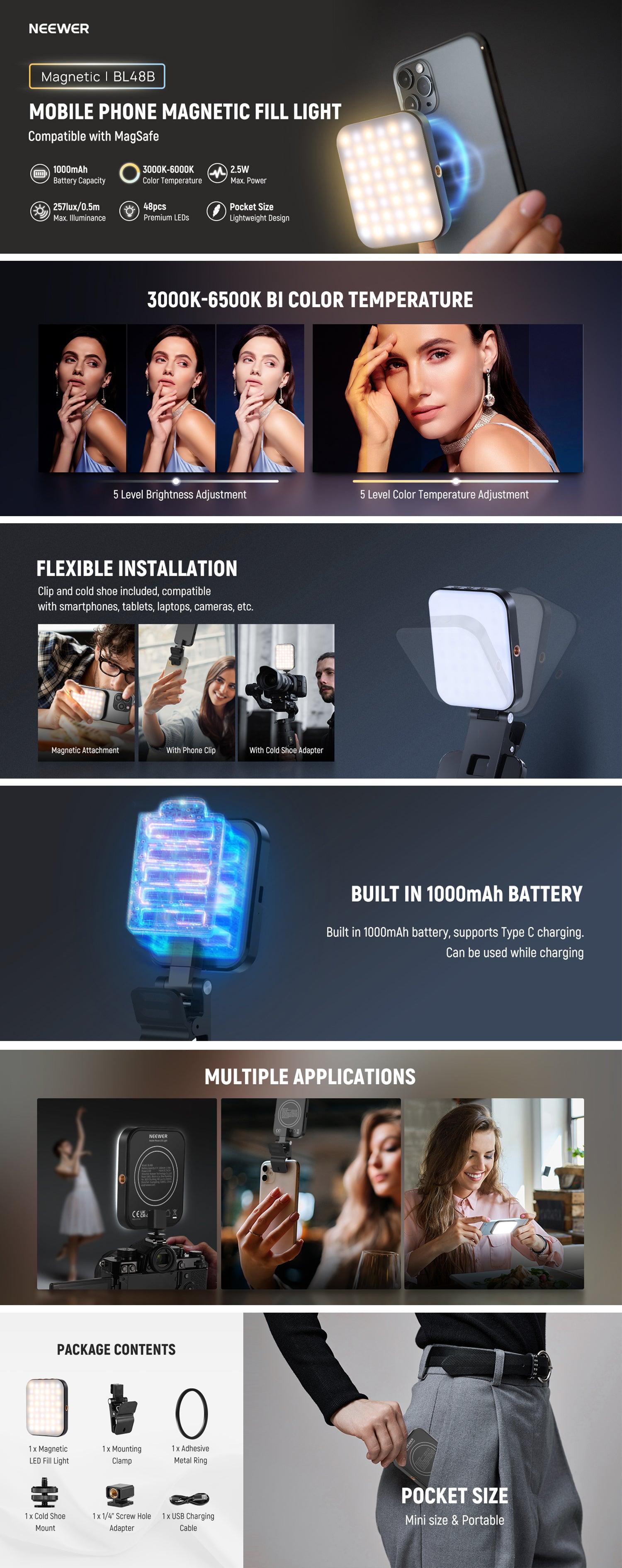 NEEWER Basics BL48B Magnetic Selfie Light for MagSafe, Rechargeable Clip-On LED Fill Light for iPhone, Dimmable Portable Lighting for Video Recording, Selfie, Vlogging, Live Streaming summervibes