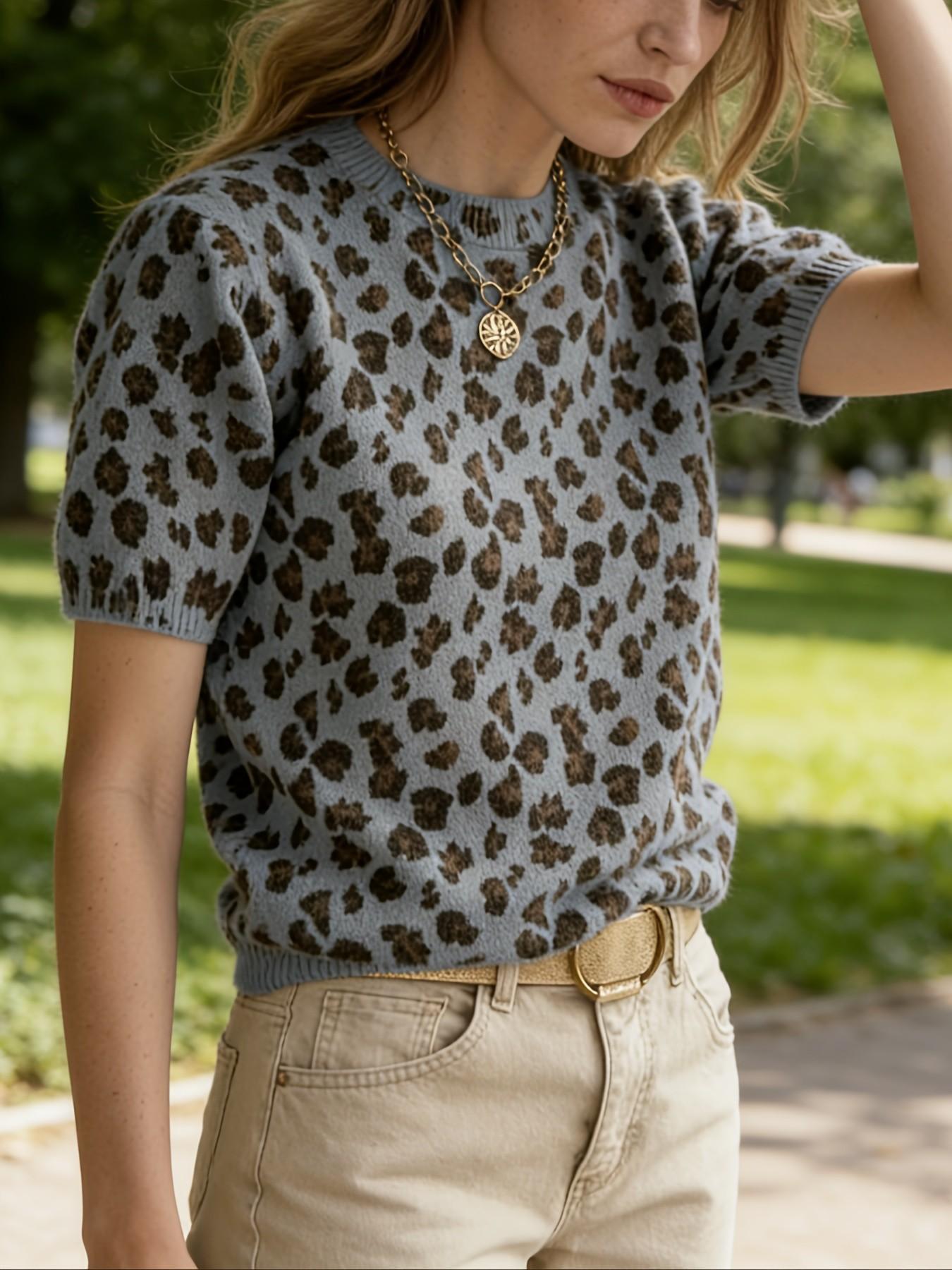 Women's Retro Leopard Print Short Sleeve Knit Sweater, Fall New Round Neck Slim Fit Versatile Commuter Top, Stylish Casual Wear Knitwear