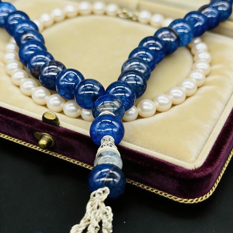 Natural Blue Dragon Pattern Agate Prayer Beads, Retro Zen Buddha Beads Bracelet, Peace & Blessing Jewelry for Men and Women