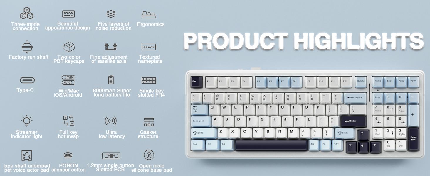 AULA F99 Wireless Mechanical Keyboard, Hot Swappable Custom Keyboard,Pre-lubed Linear Switches,Gasket Structure,RGB Backlit Gaming Keyboard (Blue&White)
