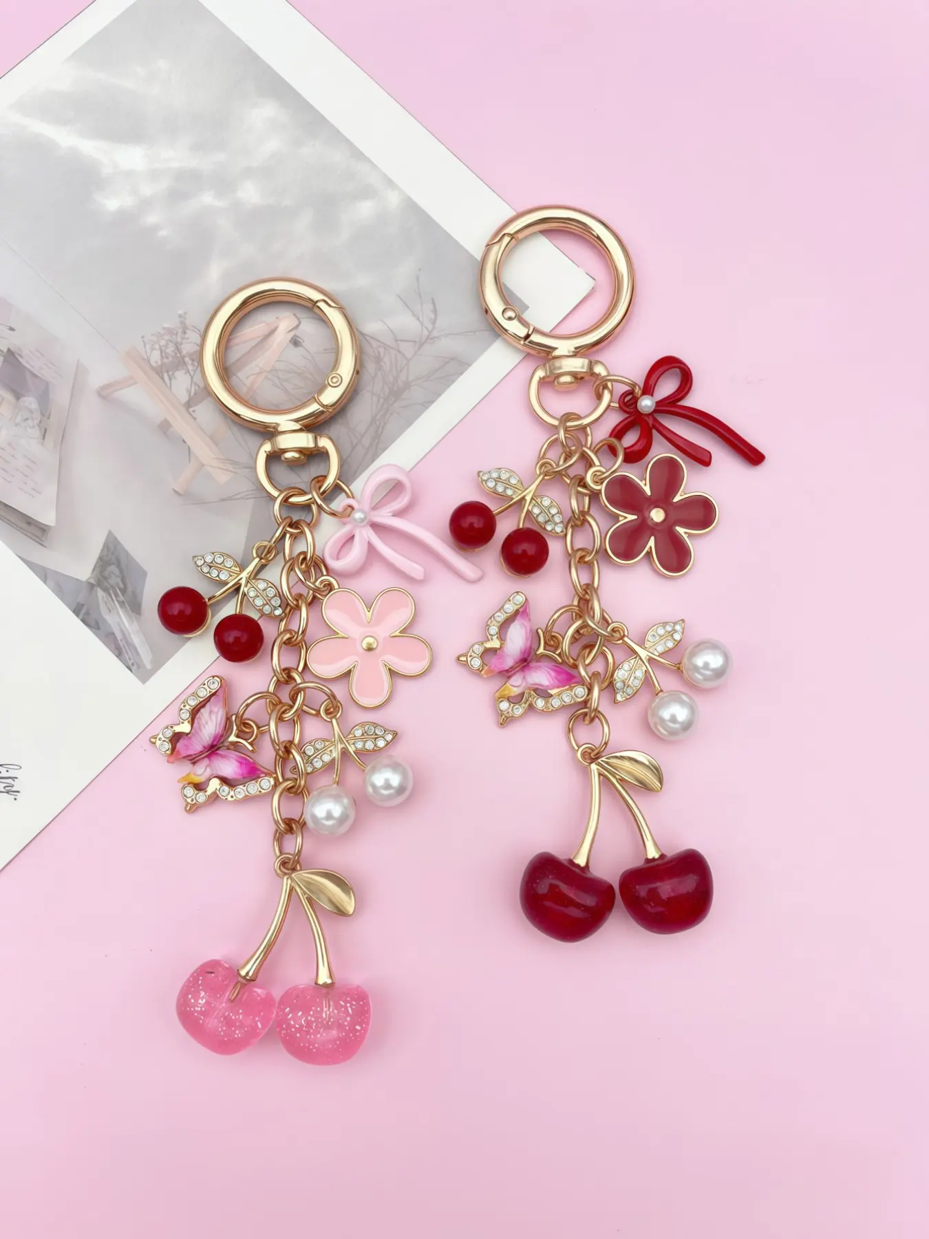Charm Glitter Cherry Butterfly Pendant Bag Charm, Women's Handbag Backpack Accessory, Keychain, Car Decor, Gift for Friends