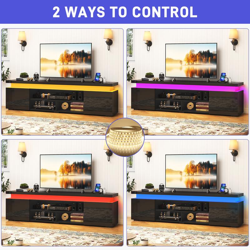 LED TV Stand for 75/85/95 Inch TV,66/73/83 Inch Modern Gaming TV Stand with Power Outlet, High Gloss TV Console Entertainment Center with Storage for Living Room, Bedroom Table Furniture