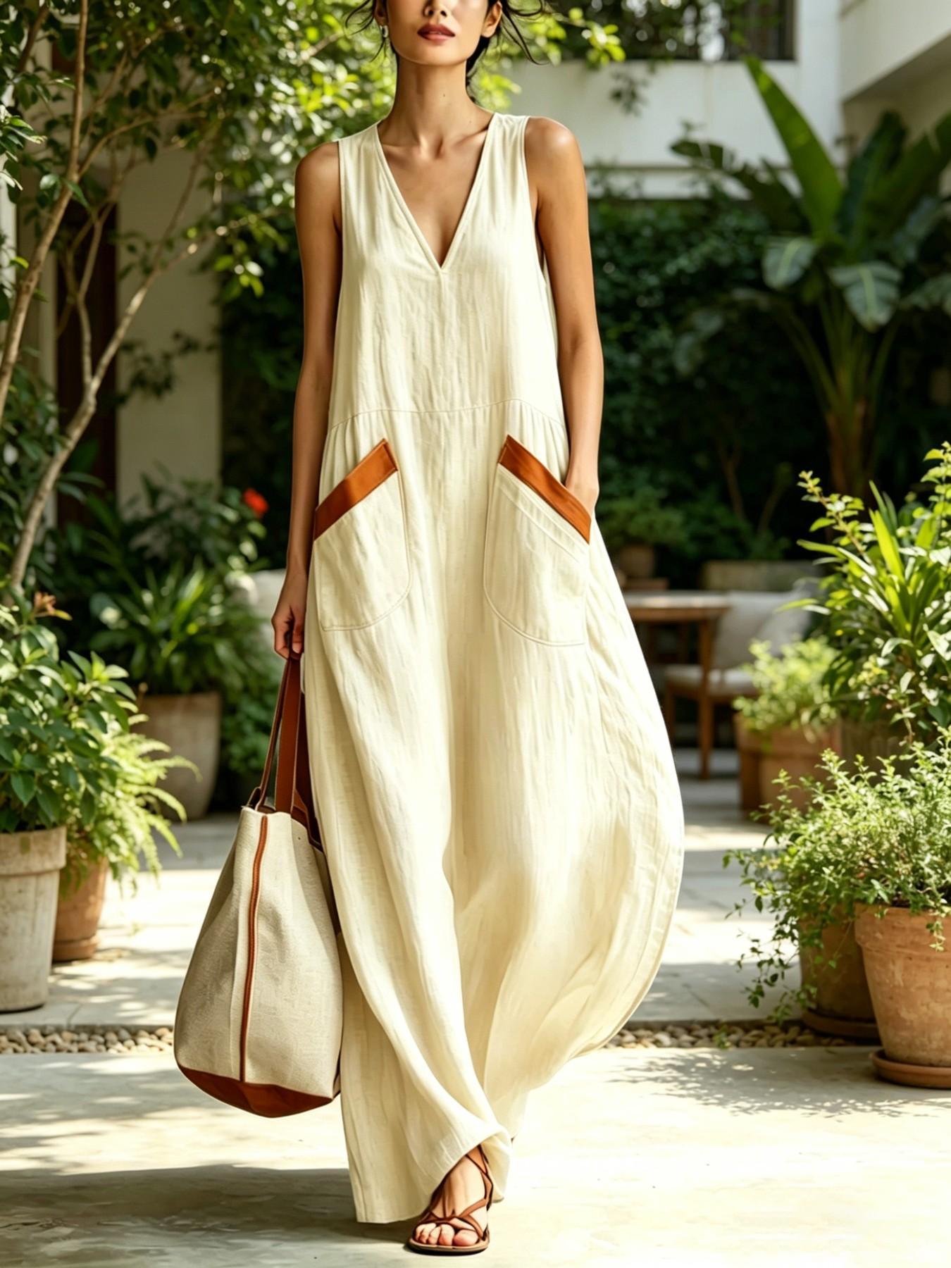 Women's Summer New Casual Fashion Chic Sleeveless V-Neck Loose Comfortable Lightweight Solid Dress, Summer Tank Dresses, Daily Commute, Trendy Ladies' Clothing