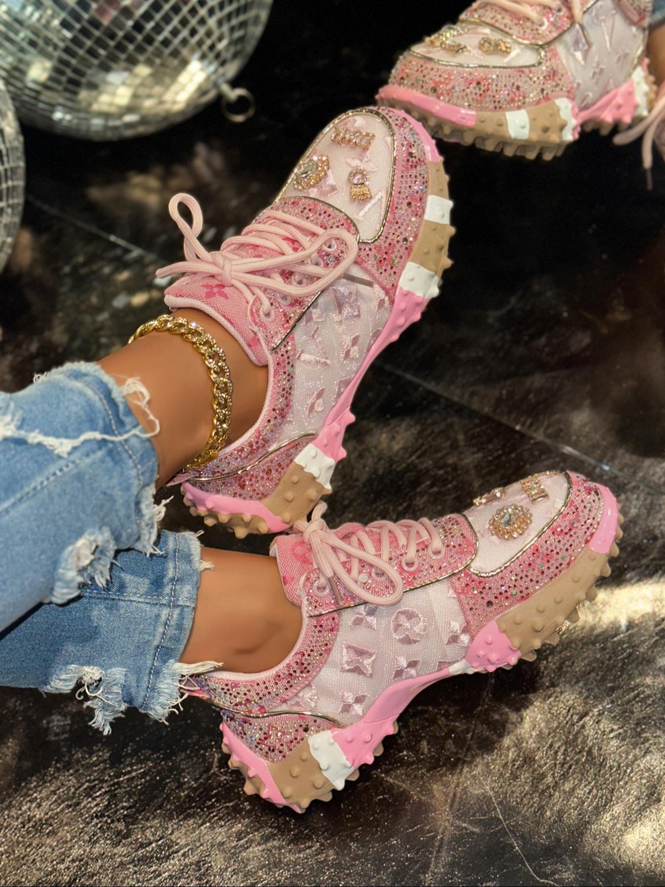 Women's Thick Sole Sports Shoes with Rhinestone Details, Fashion Casual Sneakers, with Letter Embroidery Design, Perfect for Daily Wear